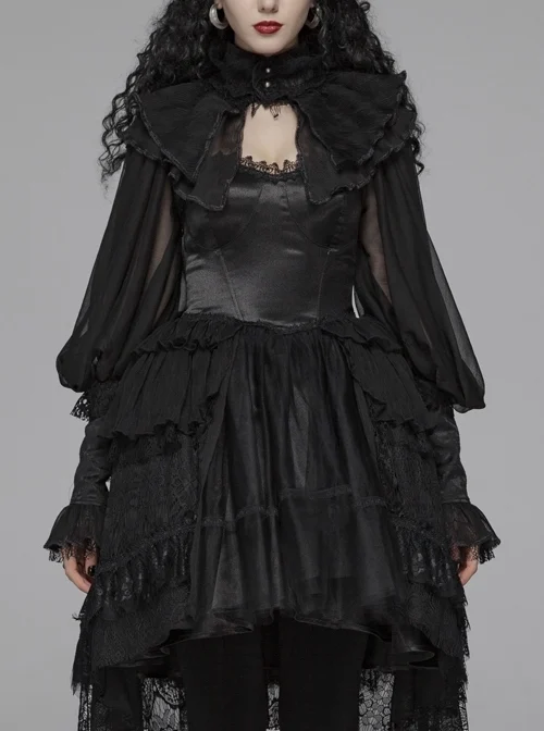 Irregular Texture Net Splice Delicacy Jacquard High Collar Big Puff Sleeves Lace Cuff Black Gothic Lolita Blouse