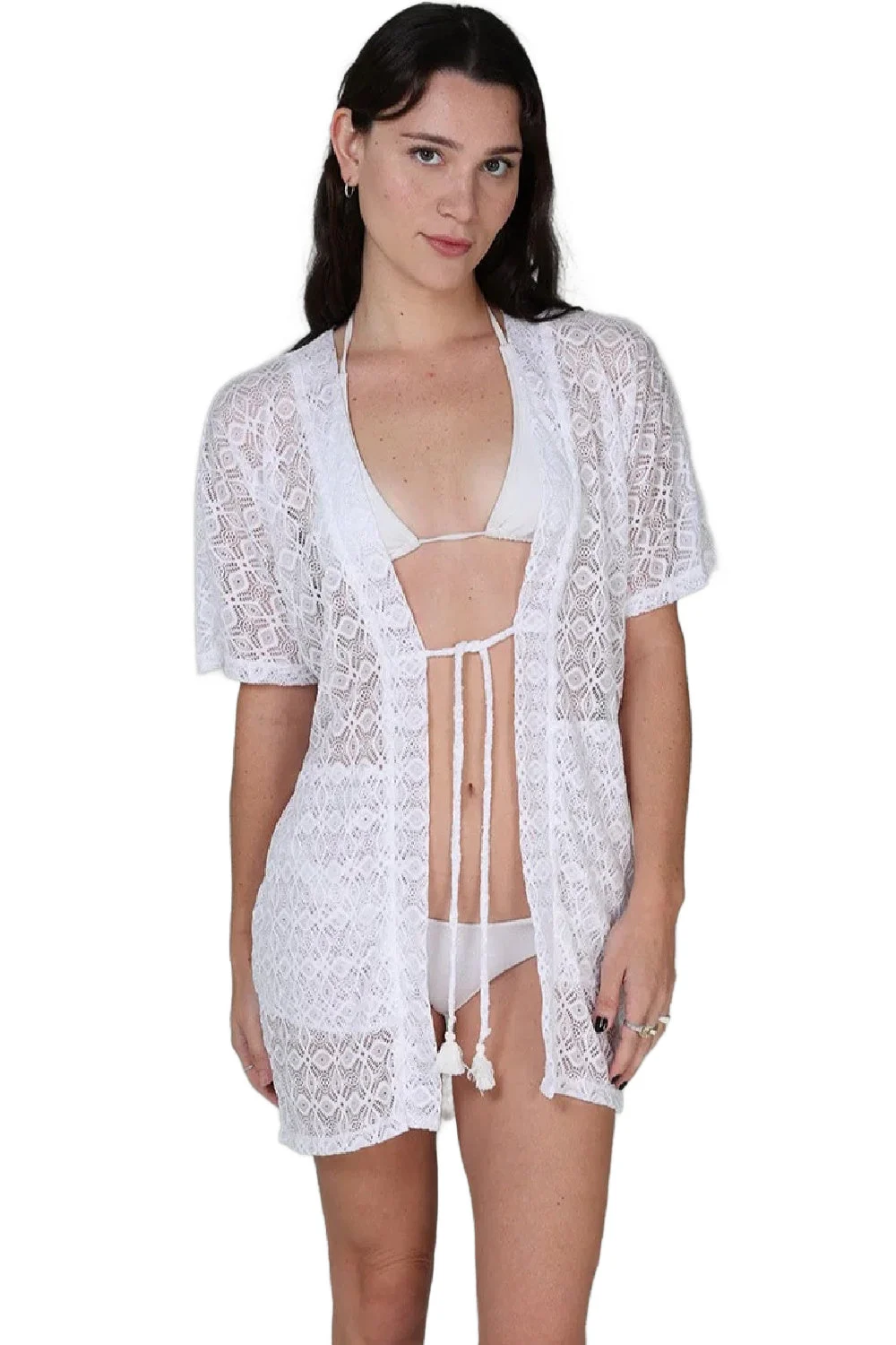J. Valdi Diamante Open Front Kimono, White (J15466)