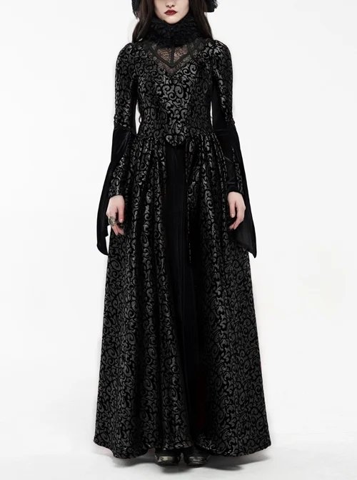 Jacquard Fur Collar Front Collar Lace Ribbon Long Sleeves Back Waist Lace-Up Black Gothic Long Dress