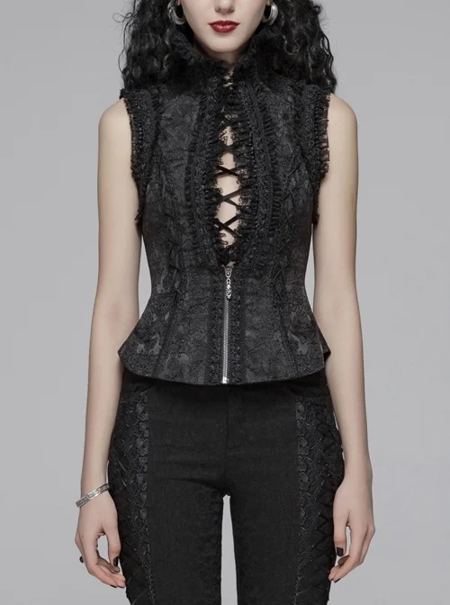 Jacquard High Collar Chest Hollow-Out Lace-Up Frill Lace Back Lace-Up Black Gothic Lolita Waistcoat