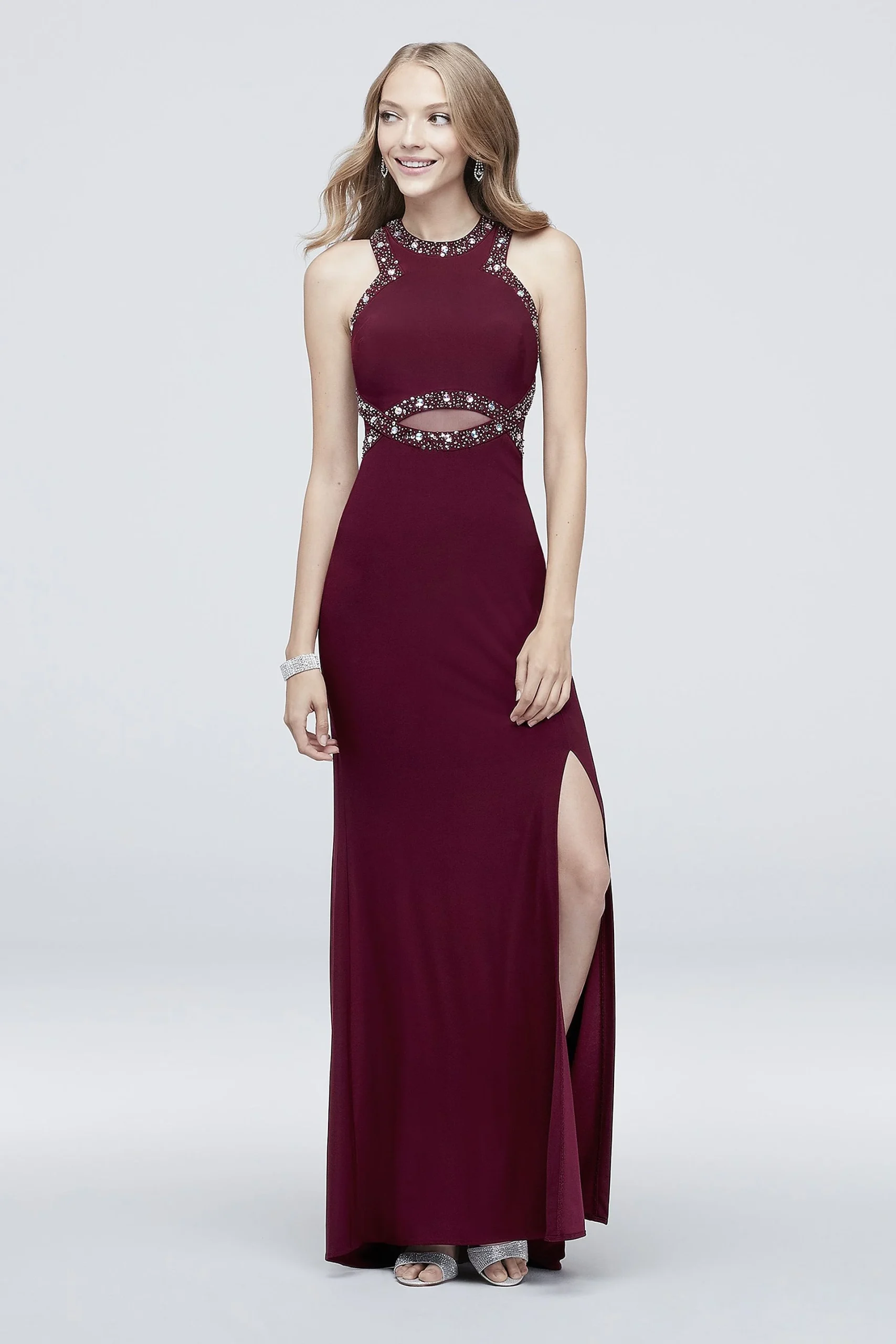 Jersey Beaded Illusion Sheath Dress with Slit