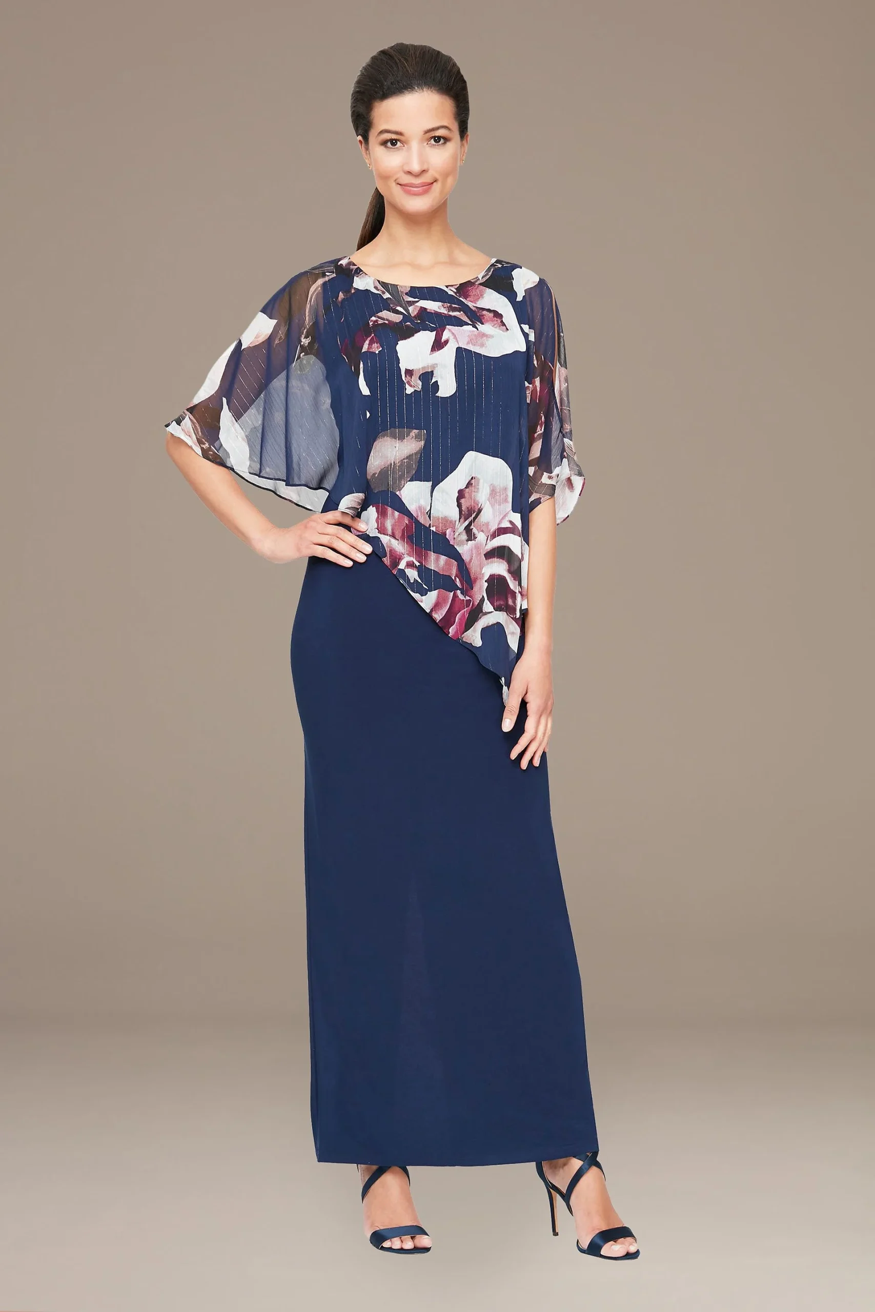 Jersey Sheath Dress with Asymmetrical Chiffon Cape