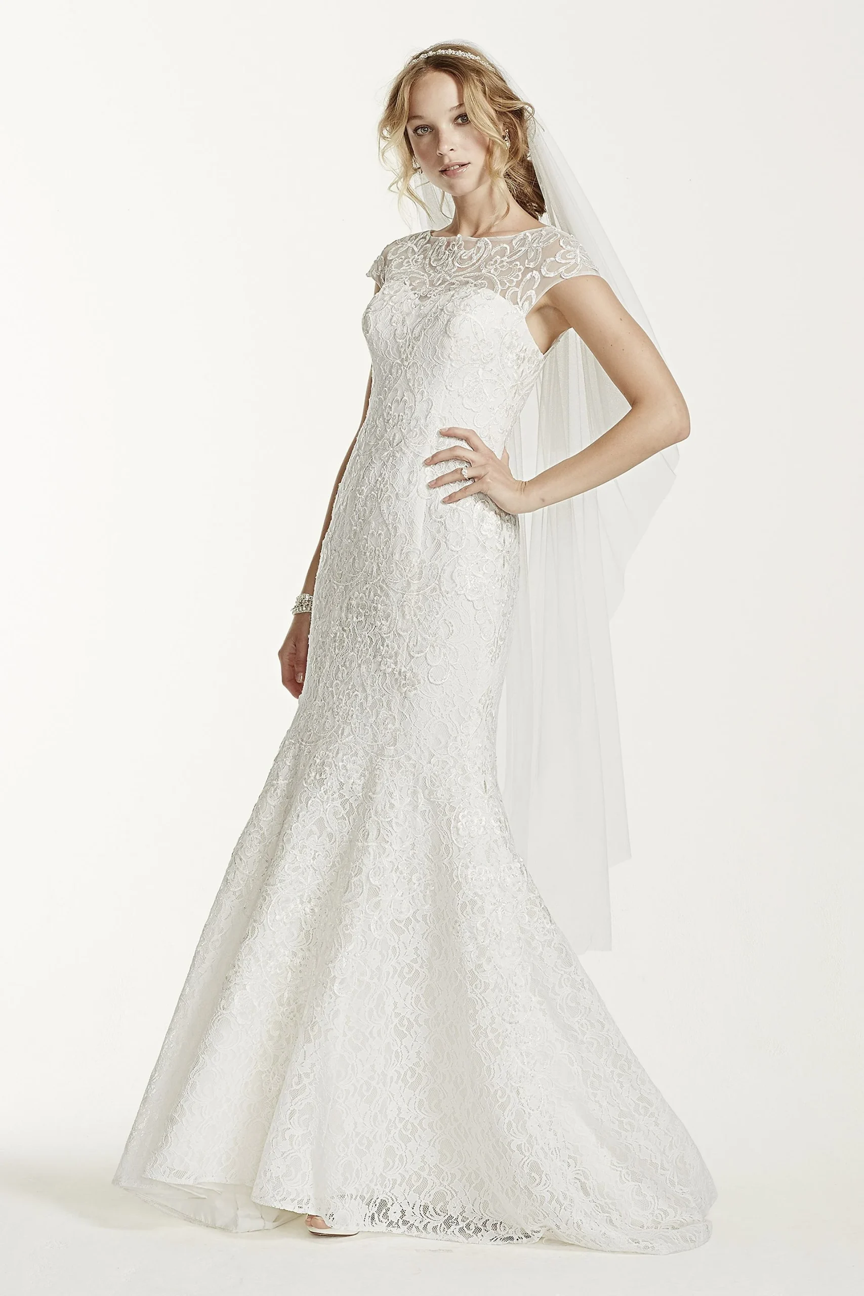 Jewel Lace Cap Sleeved Illusion Neck Wedding Dress