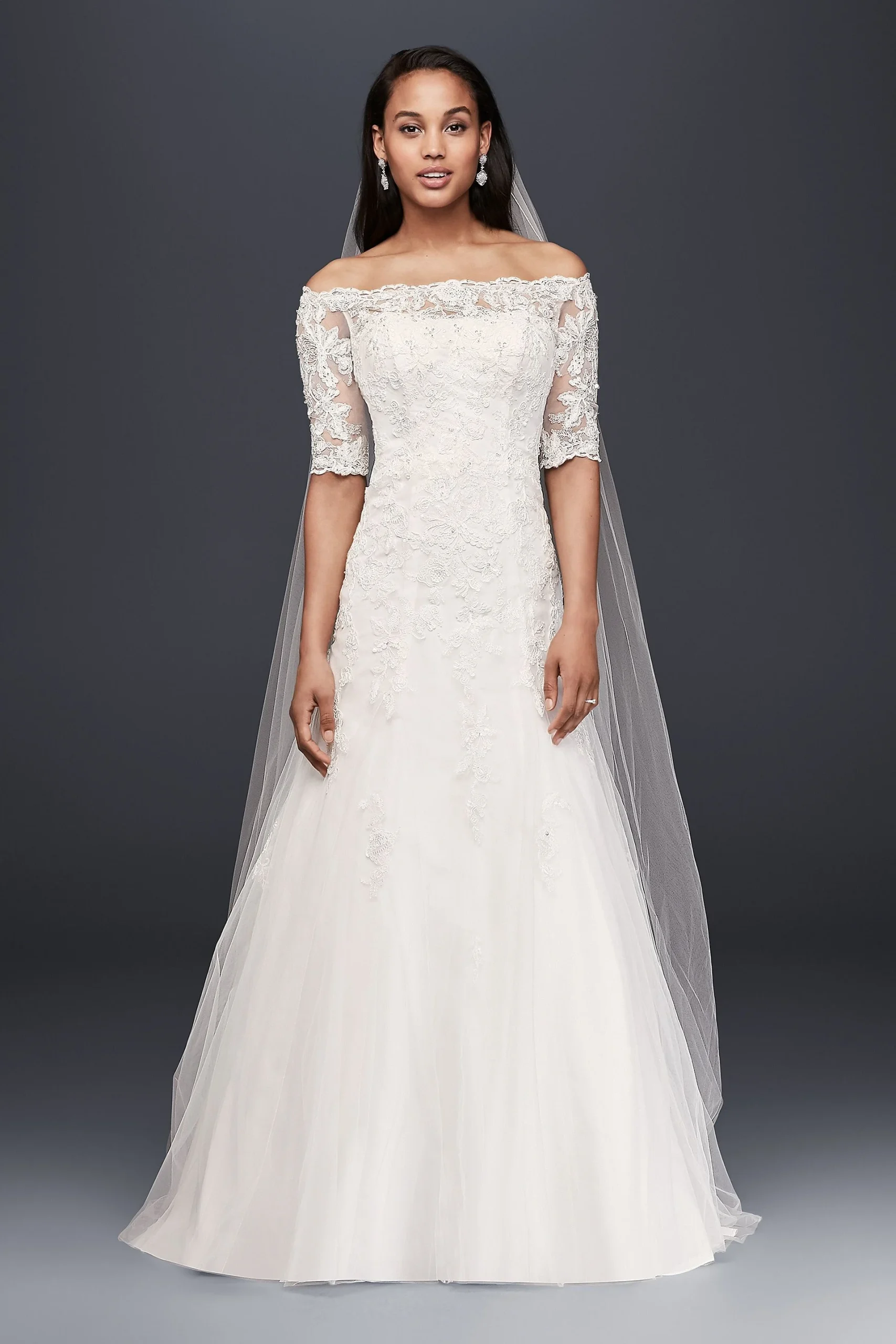 Jewel Off the Shoulder 3/4 Sleeve Wedding Dress