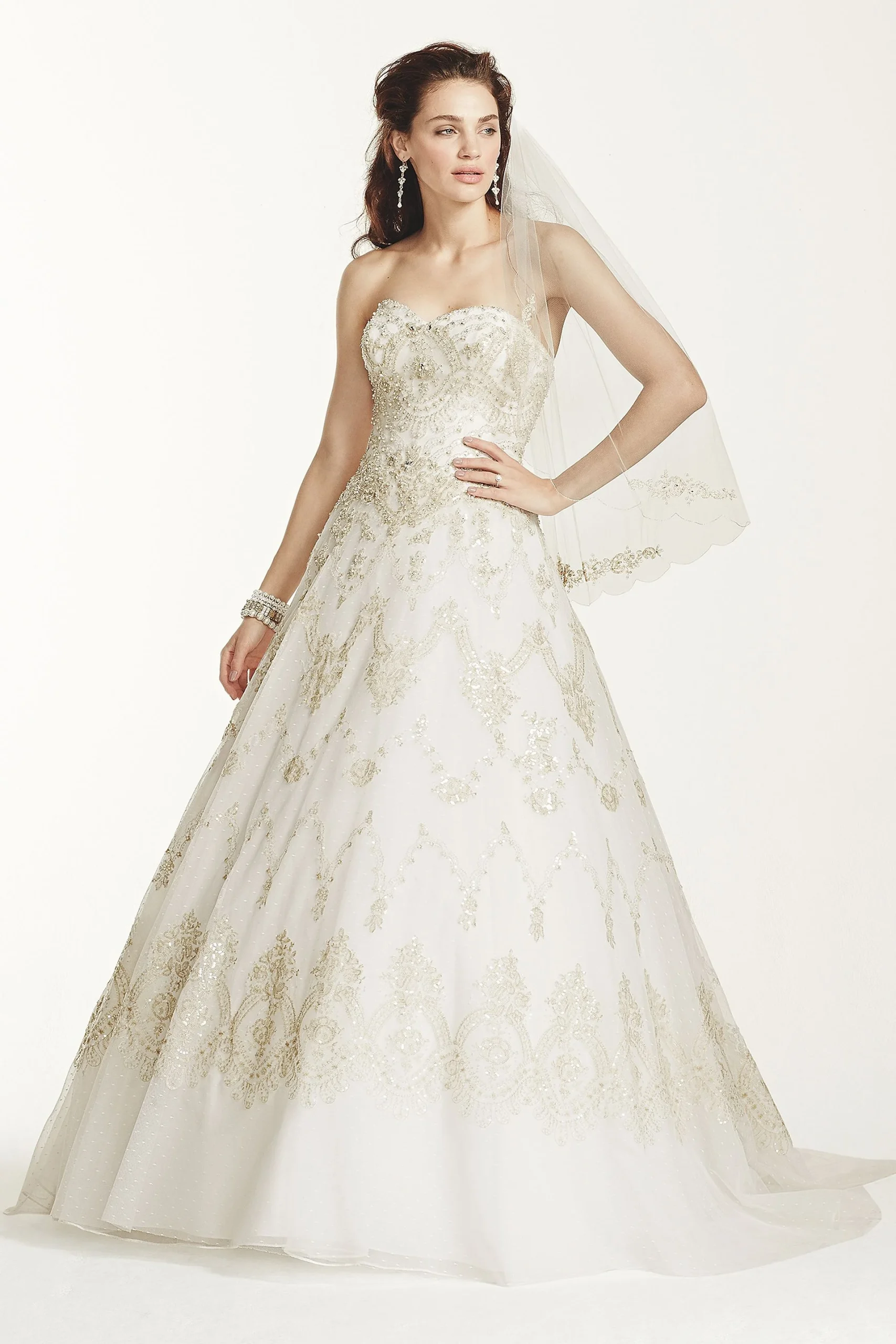 Jewel Strapless Dot Tulle Wedding Dress with Beads
