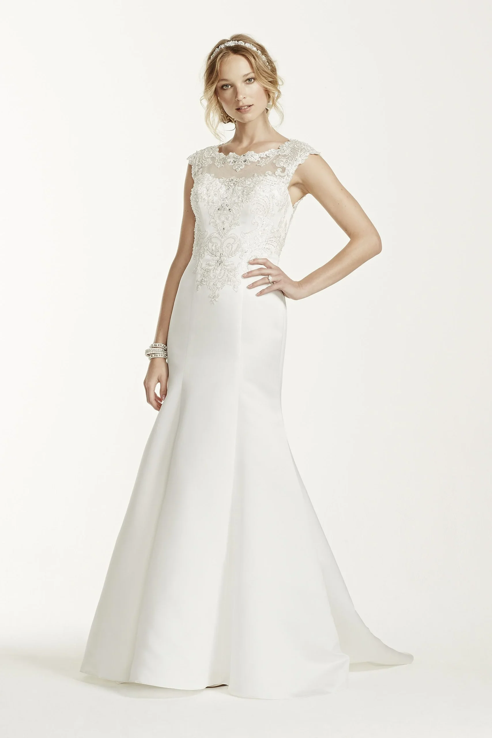 Jeweled Cap Sleeve Illusion Neckline Wedding Dress