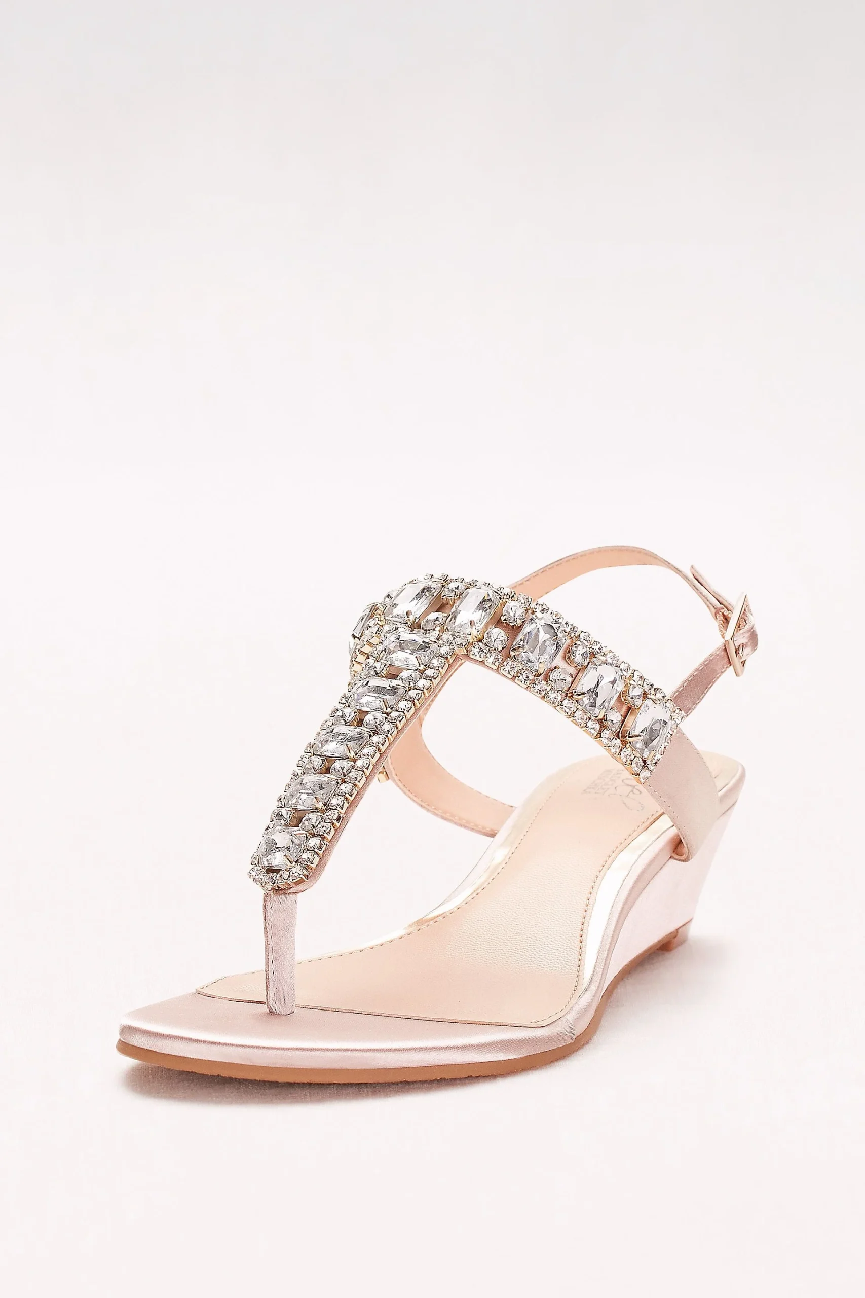 Jeweled Satin T-Strap Low Wedges