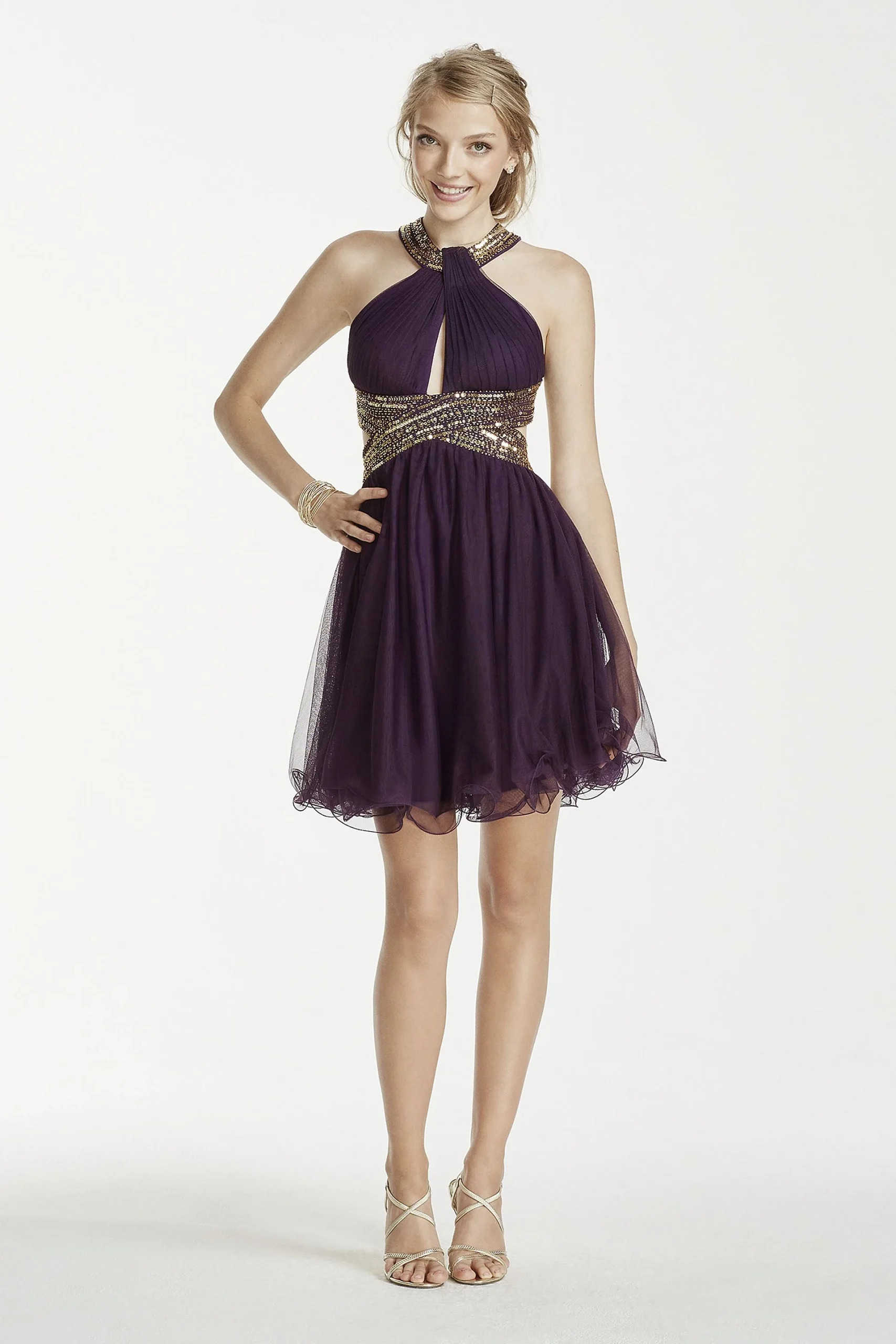 Key Hole High Neck Open Back Halter Dress