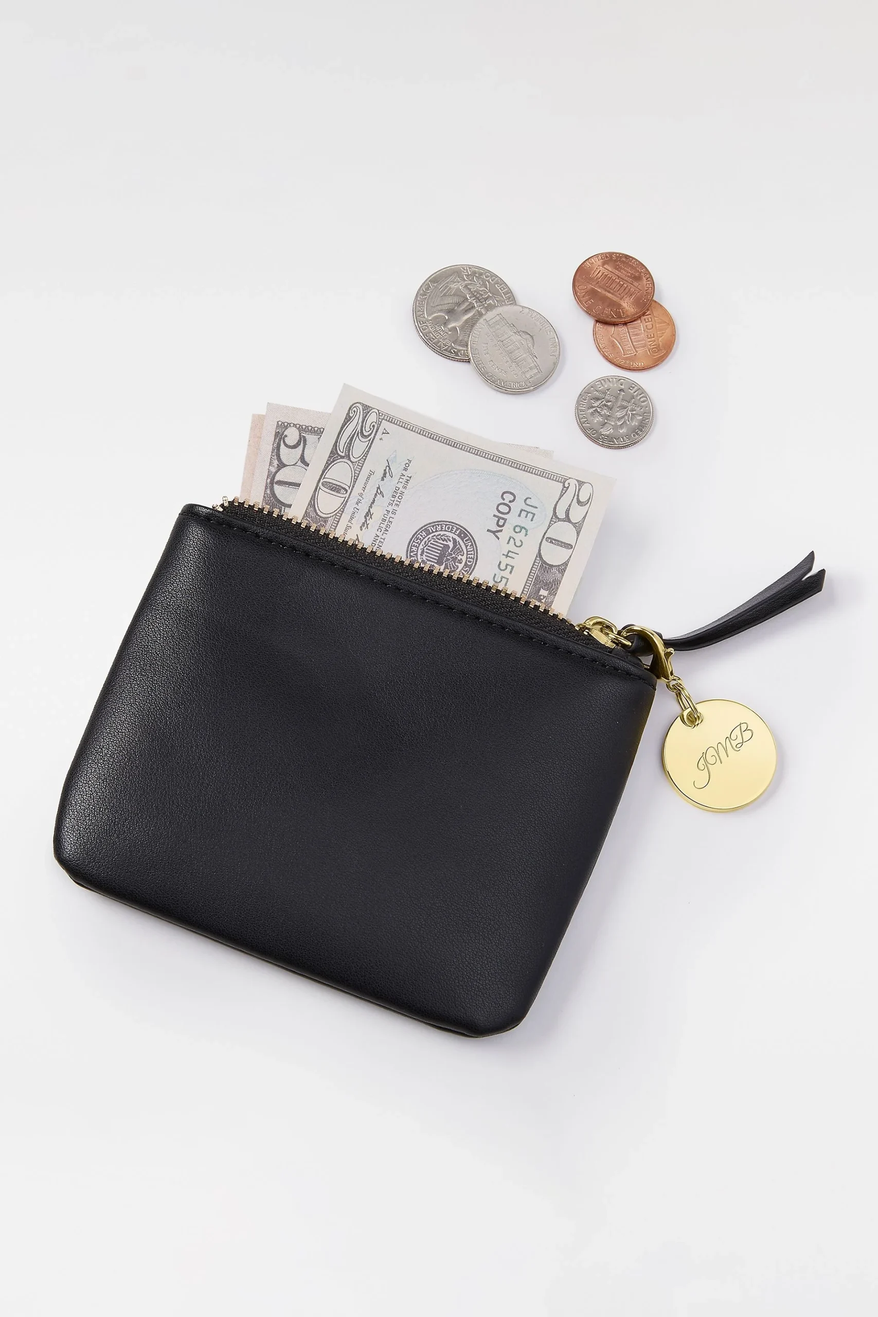 Kittenish Engraved Black Leather Card Coin Purse