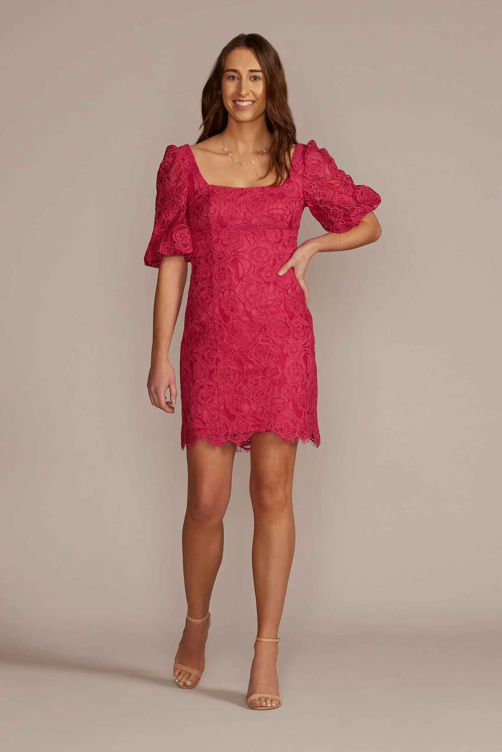 Knee Length Puff Sleeved Lace Sheath