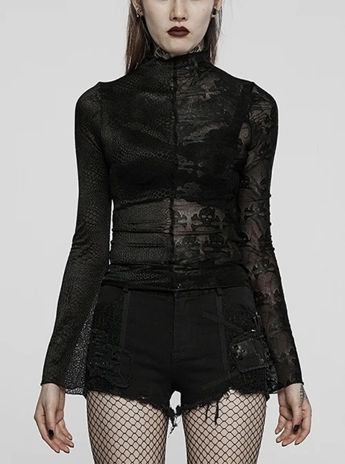 Lace Black Skull Gothic Stitching Simple Wind Perspective Horn Long Sleeve T-Shirt