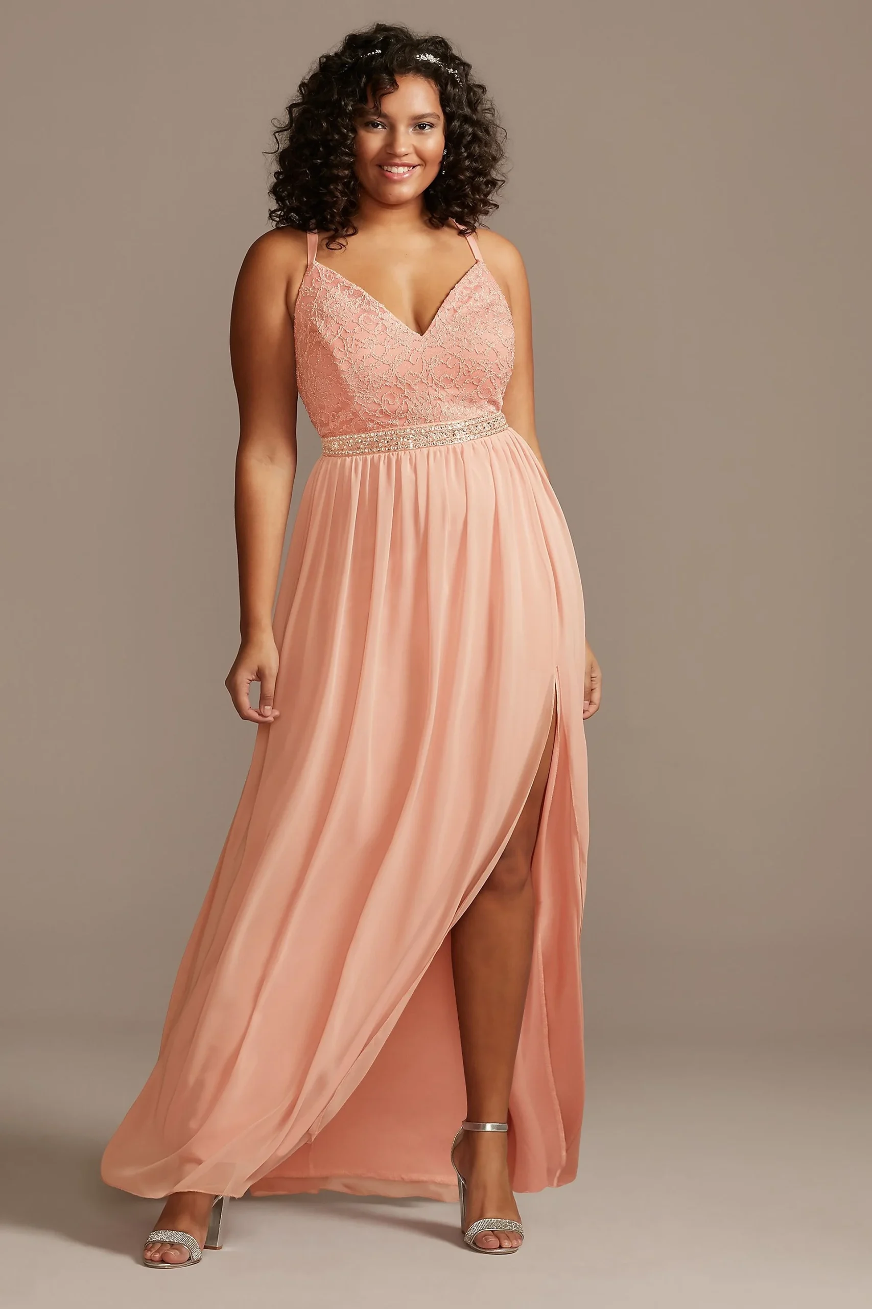 Lace Bodice Illusion Back Gown with Crystal Belt