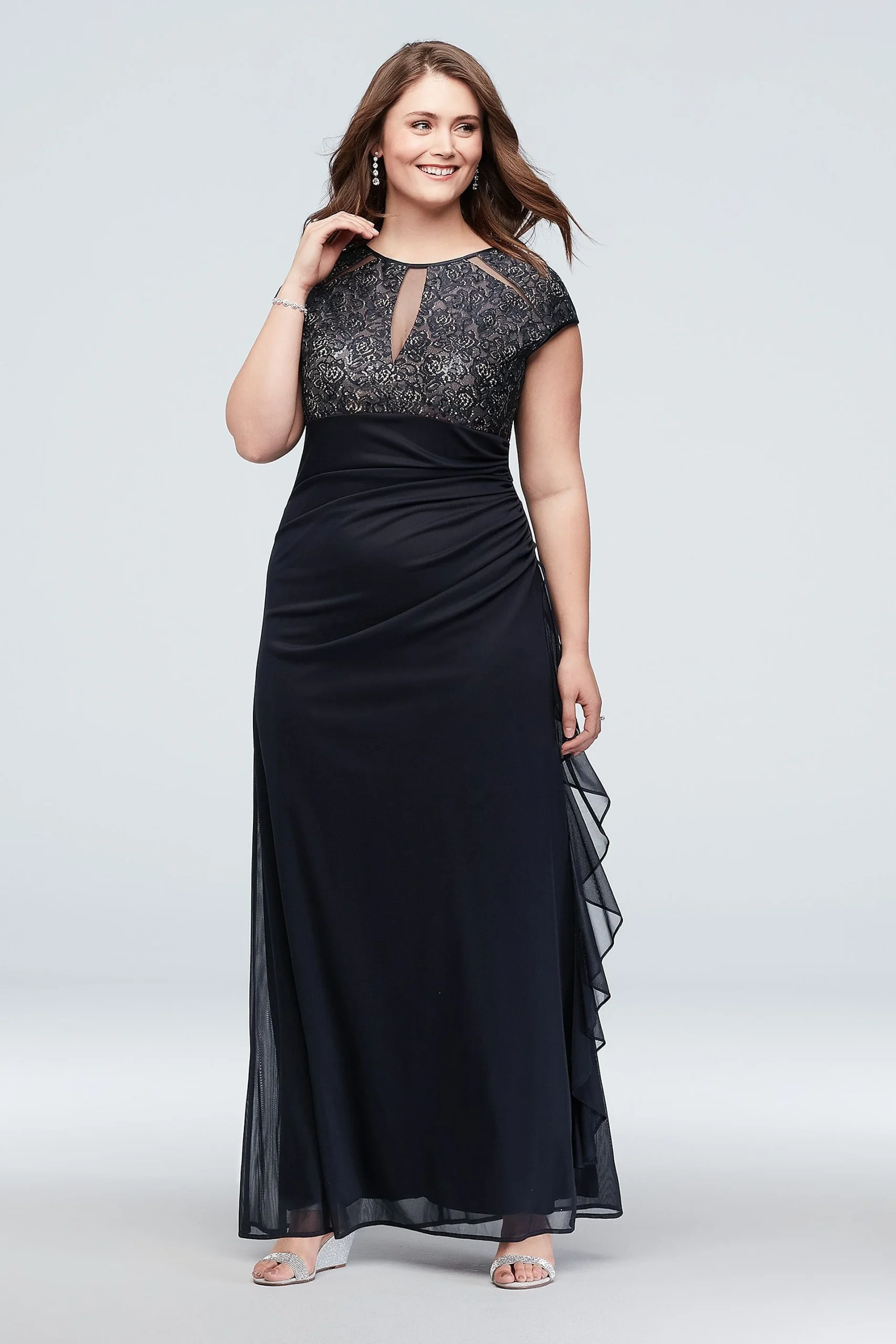 Lace Bodice Keyhole Gown with Mesh Ruched Cascade