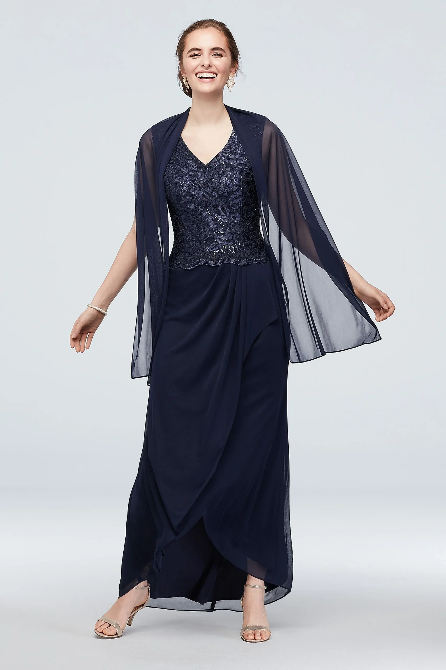 Lace Bodice and Mesh Ruched Skirt Gown with Wrap