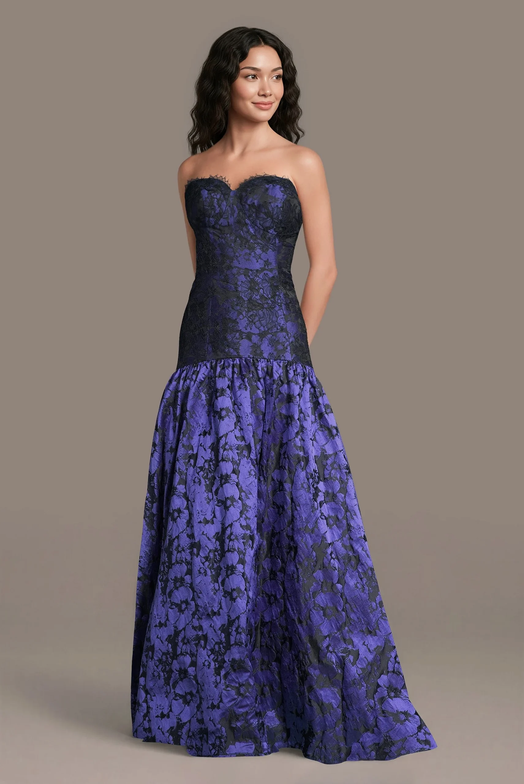 Lace and Brocade Drop Waist Gown