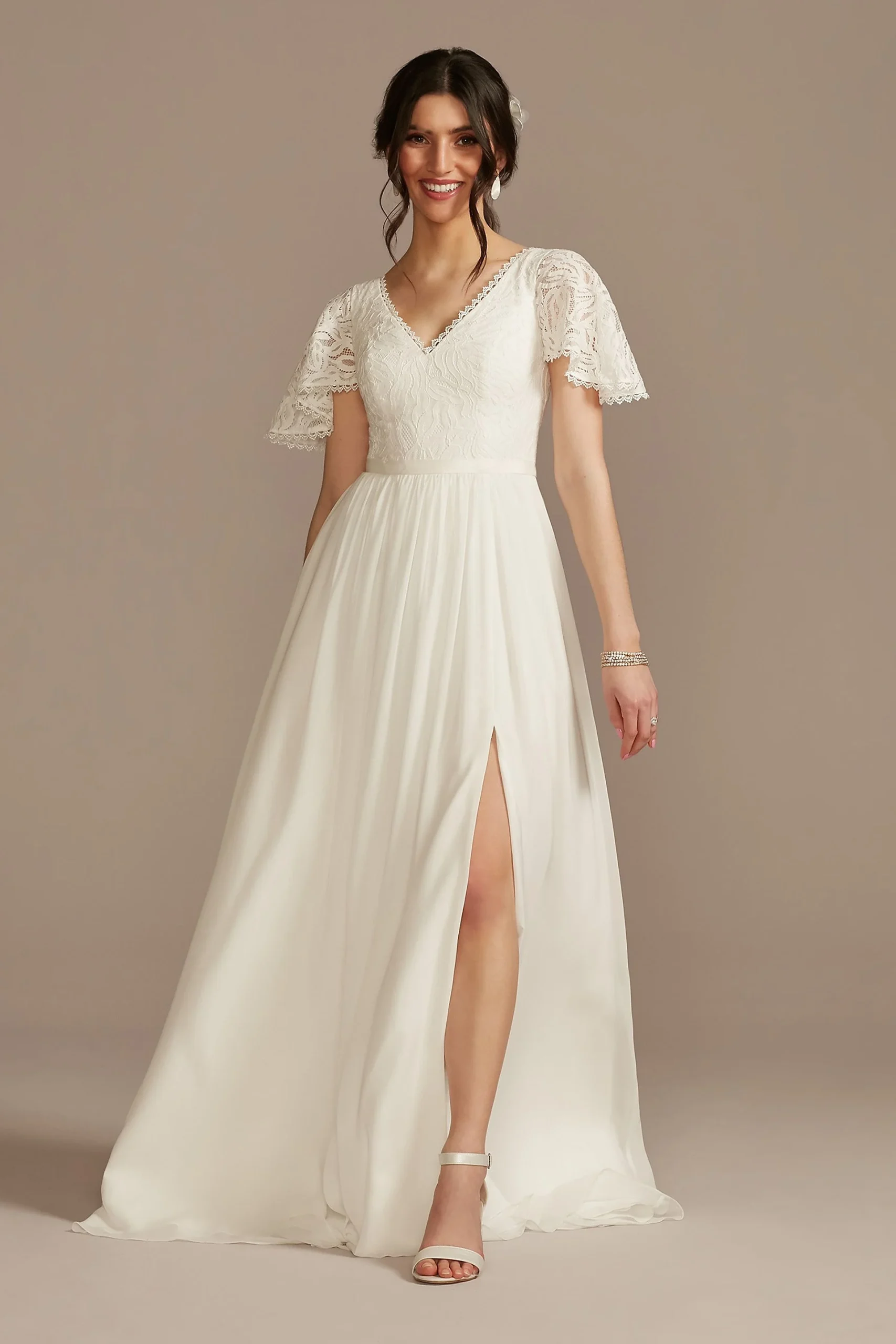 Lace Chiffon Flutter Sleeve Wedding Dress