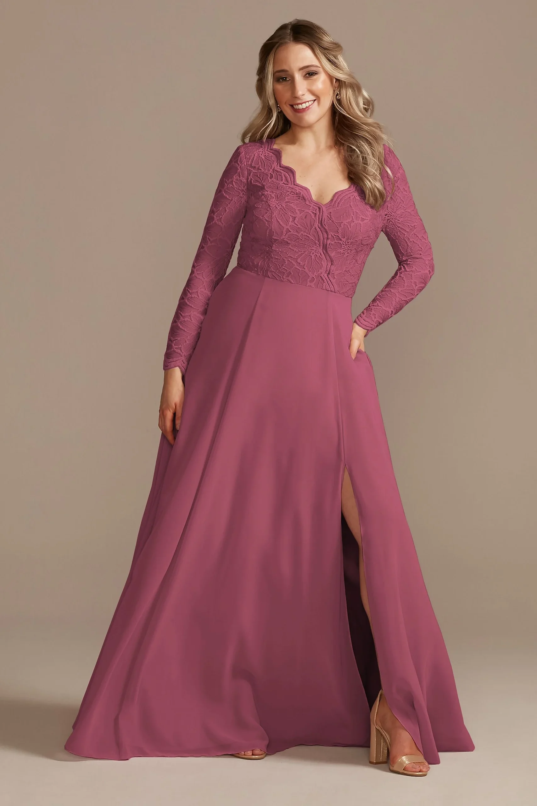 Lace Chiffon Long-Sleeve Long Dress
