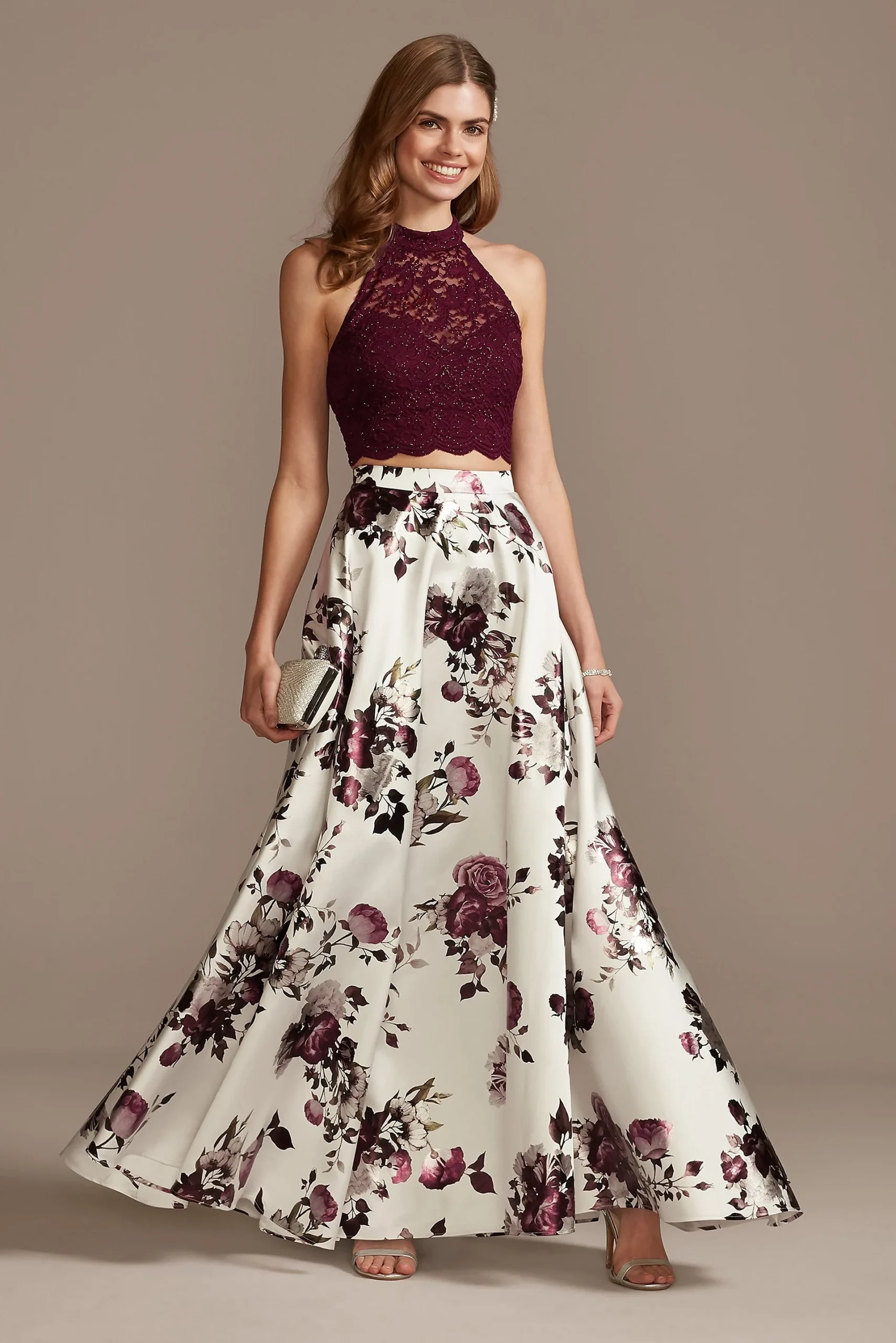 Lace Circle Neck Crop Top with Floral Skirt Set