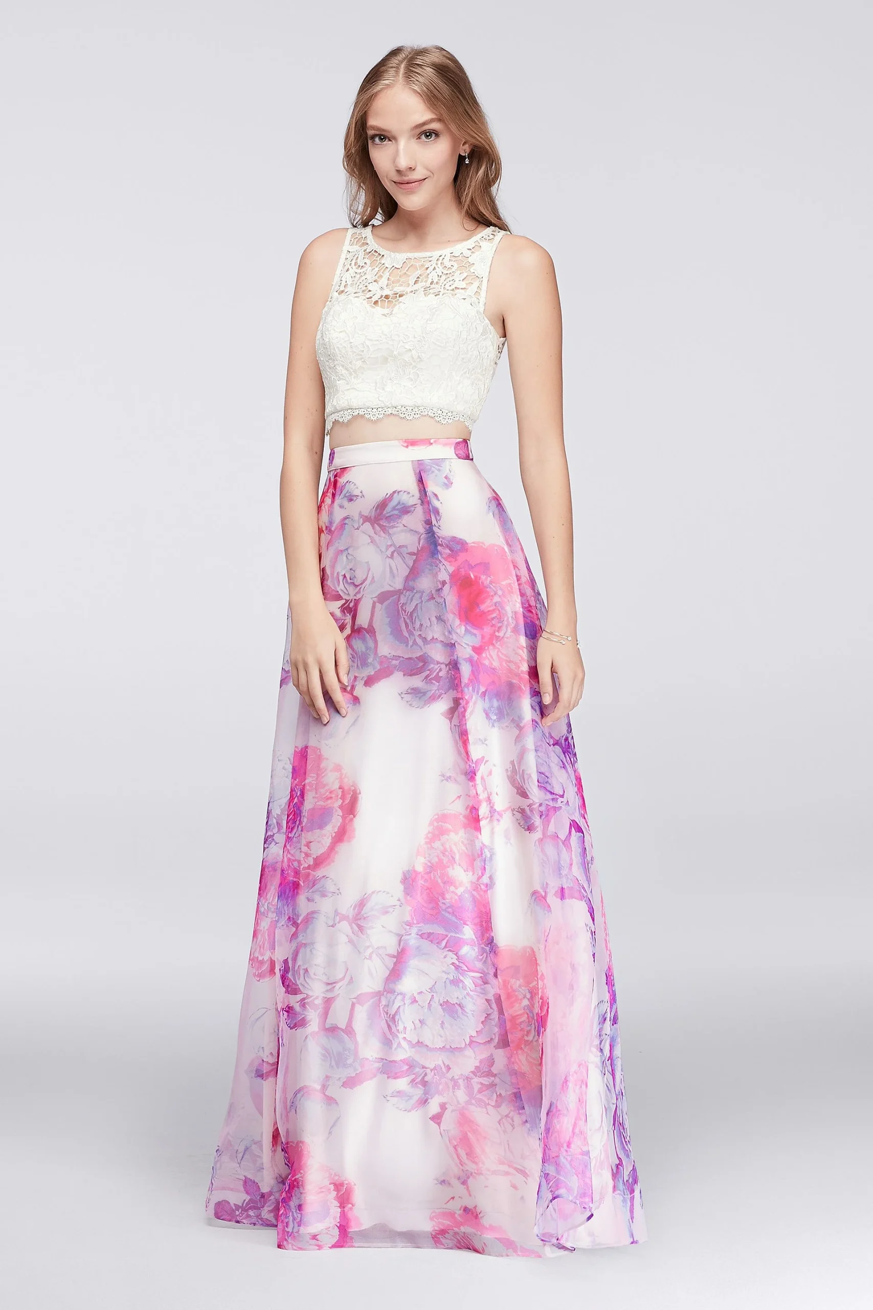 Lace Crop Top and Printed Organza Skirt Set