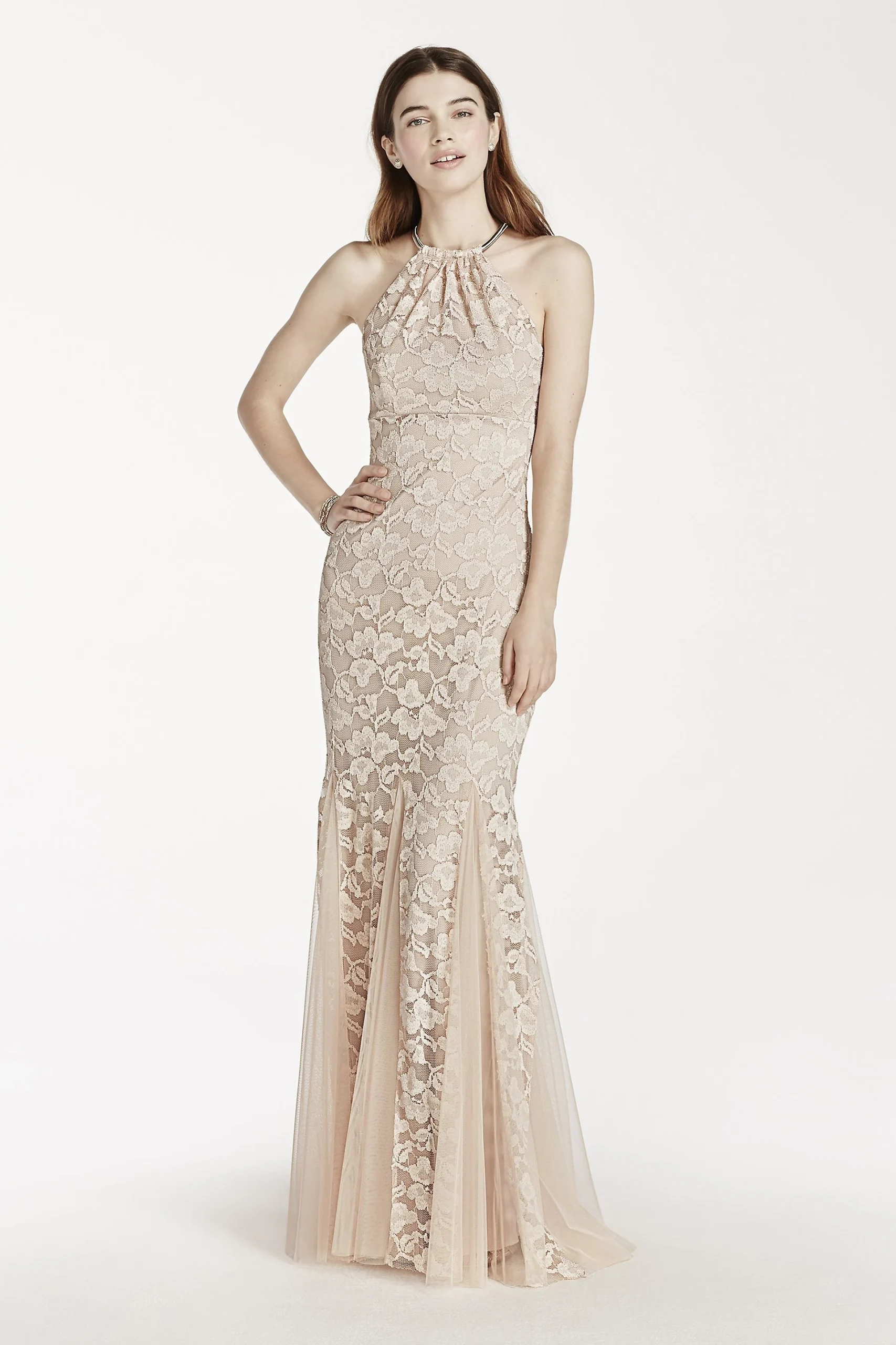 Lace Fit and Flare Halter Dress with Godet Skirt