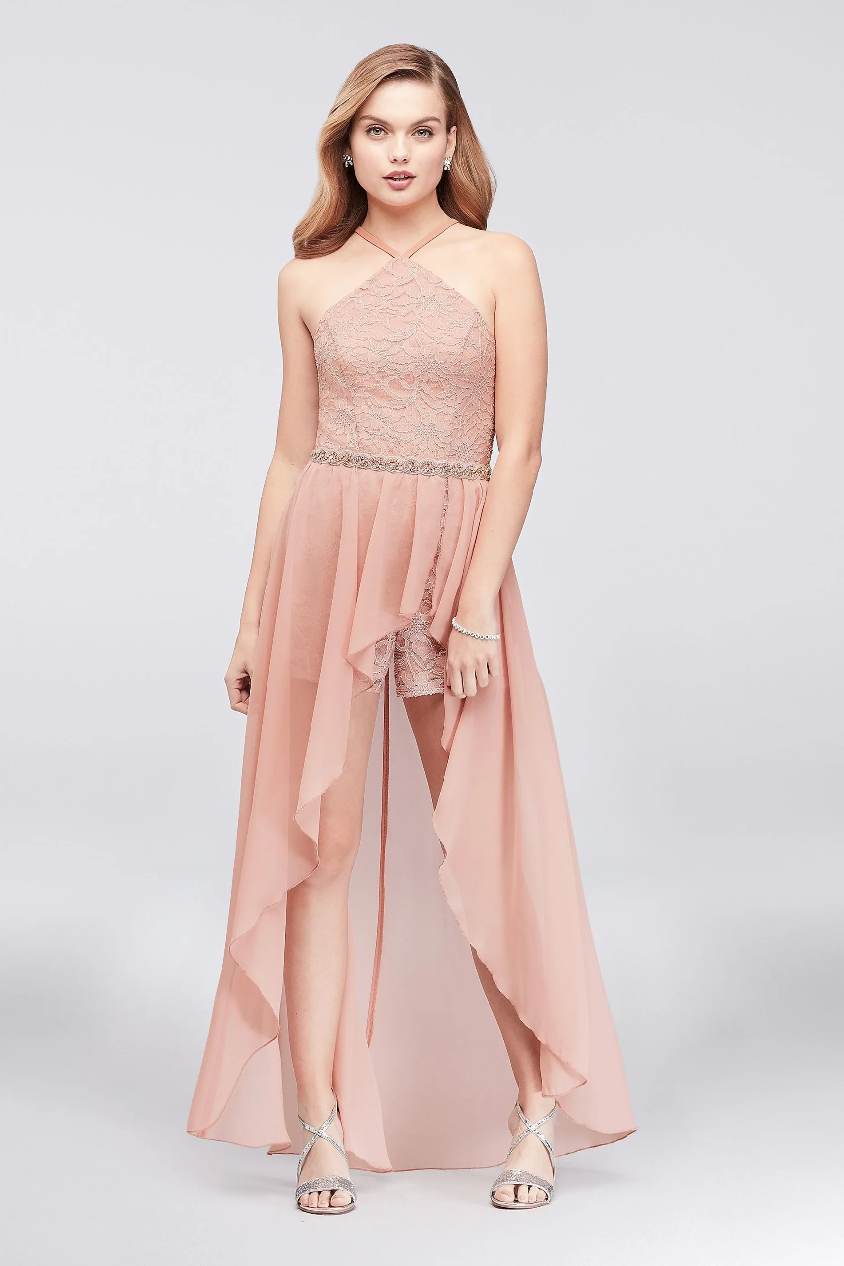 Lace Halter Romper with High-Low Chiffon Overskirt