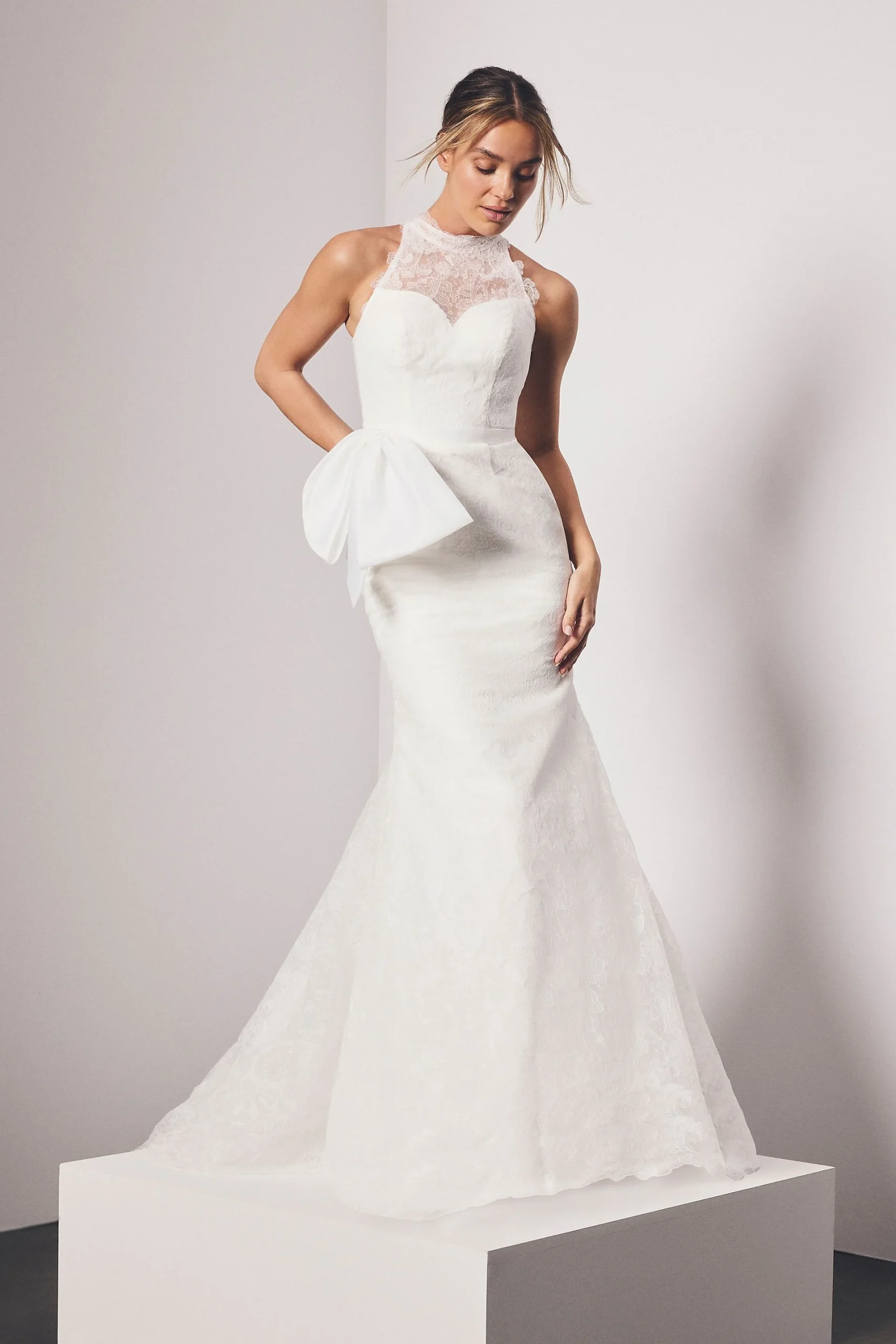 Lace High Neck Mermaid Gown with Bow Sash