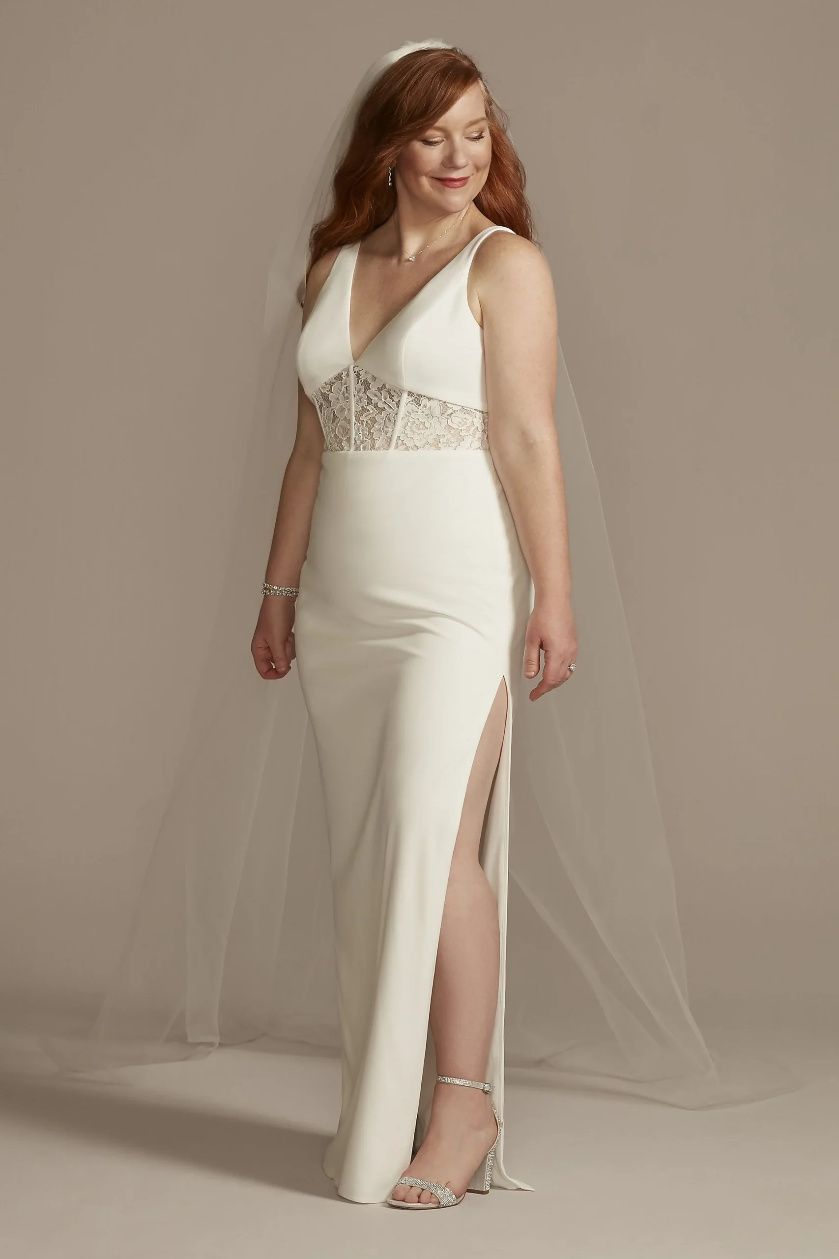 Lace Inset Crepe Sheath Plus Wedding Dress
