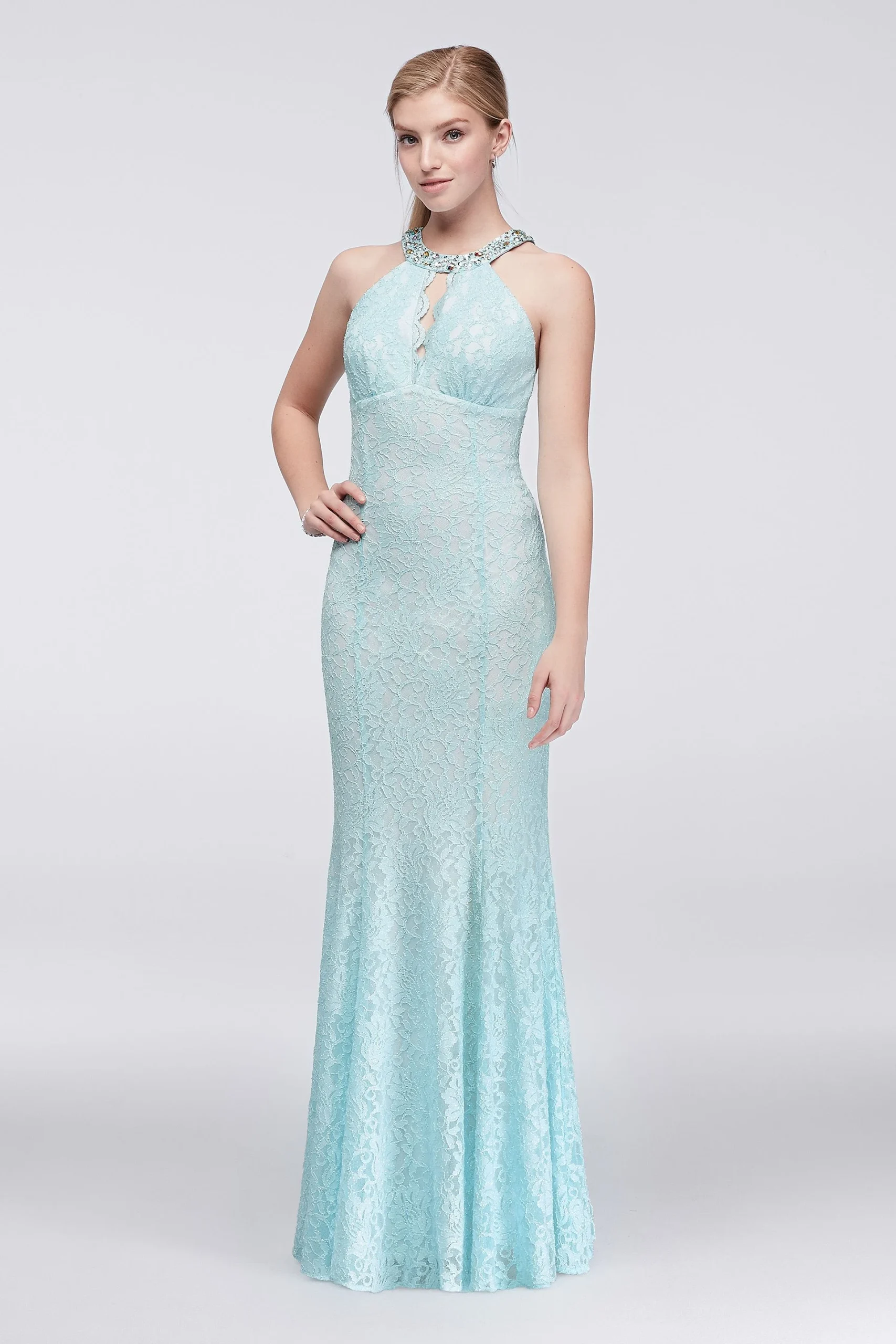 Lace Keyhole Mermaid Dress with Jeweled Neckline