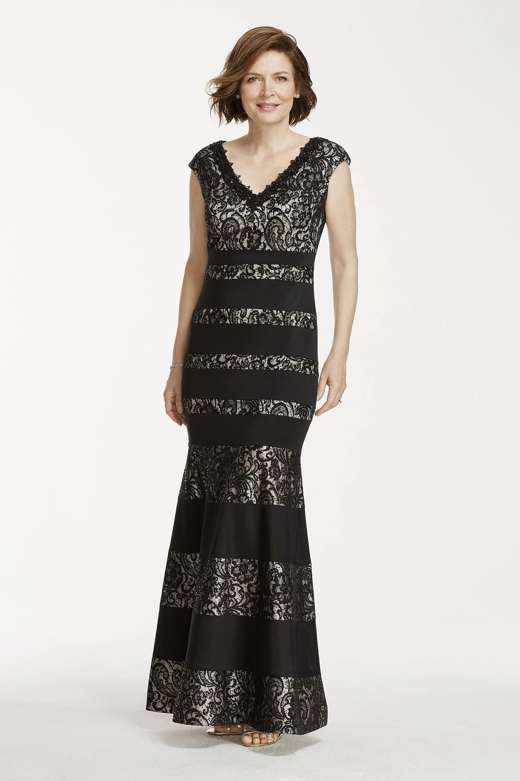Lace Mermaid Gown with Satin Bands and V Neckline