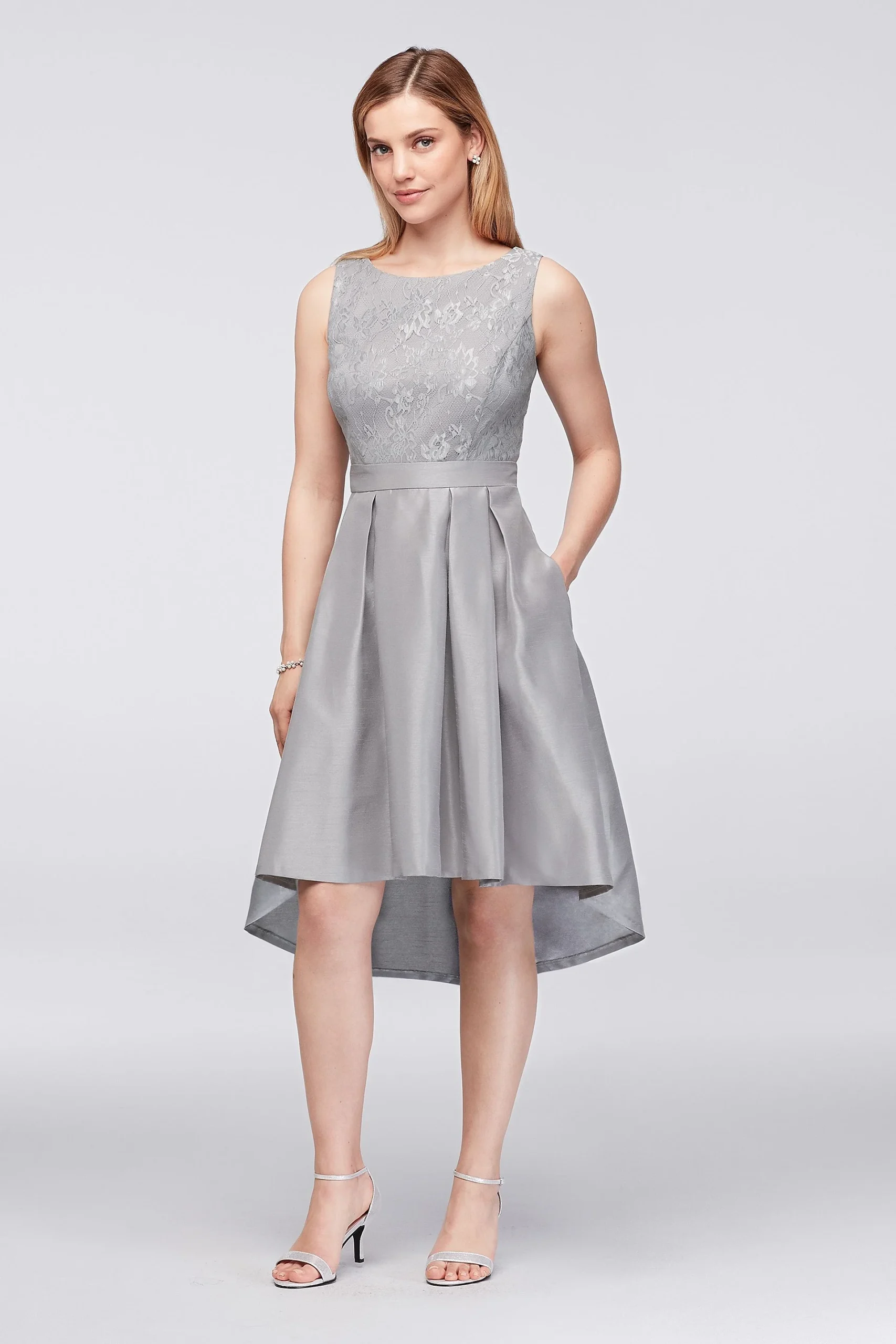 Lace and Pleated Shantung Fit-and-Flare Dress