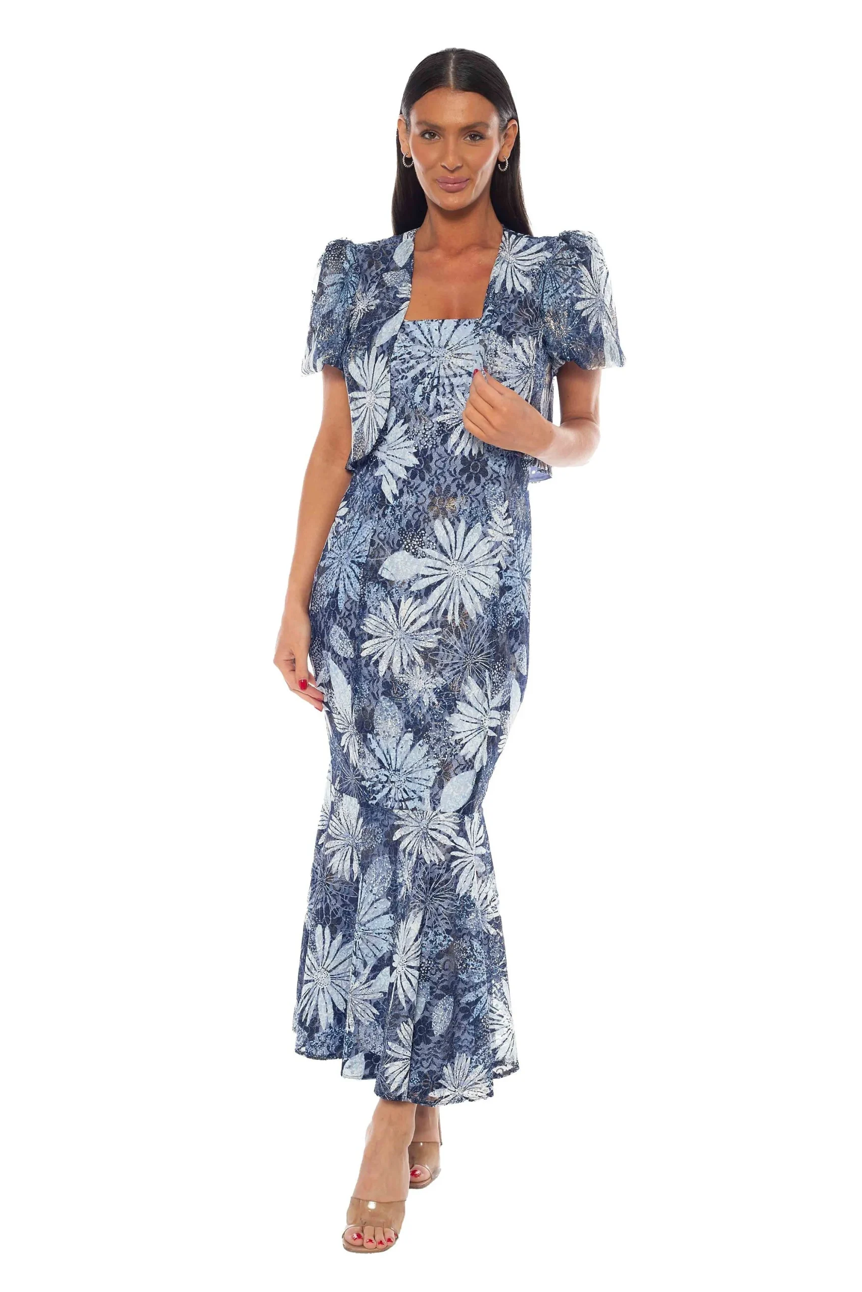 Lace Print Foil Strapless Dress