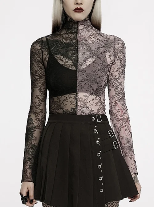 Lace RedBlack Stitching Simple Sexy Gothic Style Thin See-Through Horn Long-Sleeved T-Shirt