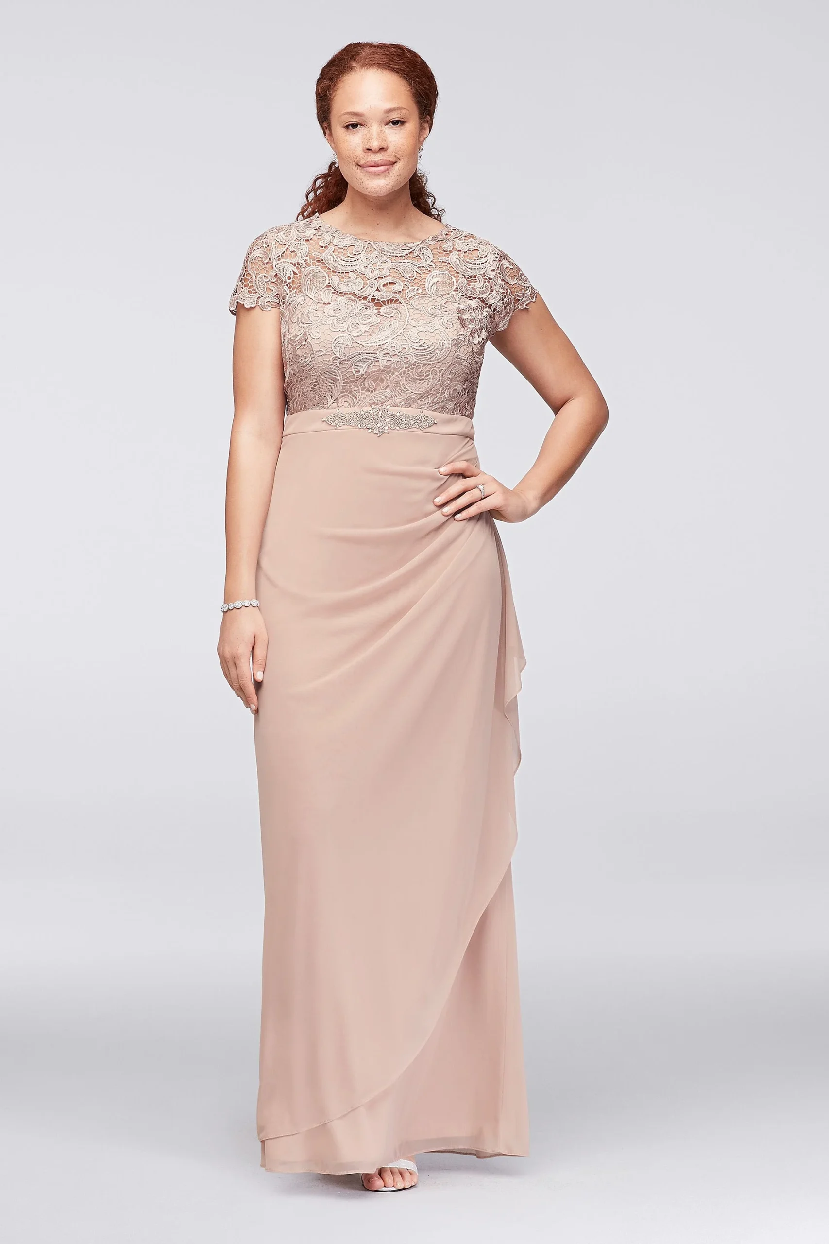 Lace and Ruched Mesh Dress with Beaded Waist