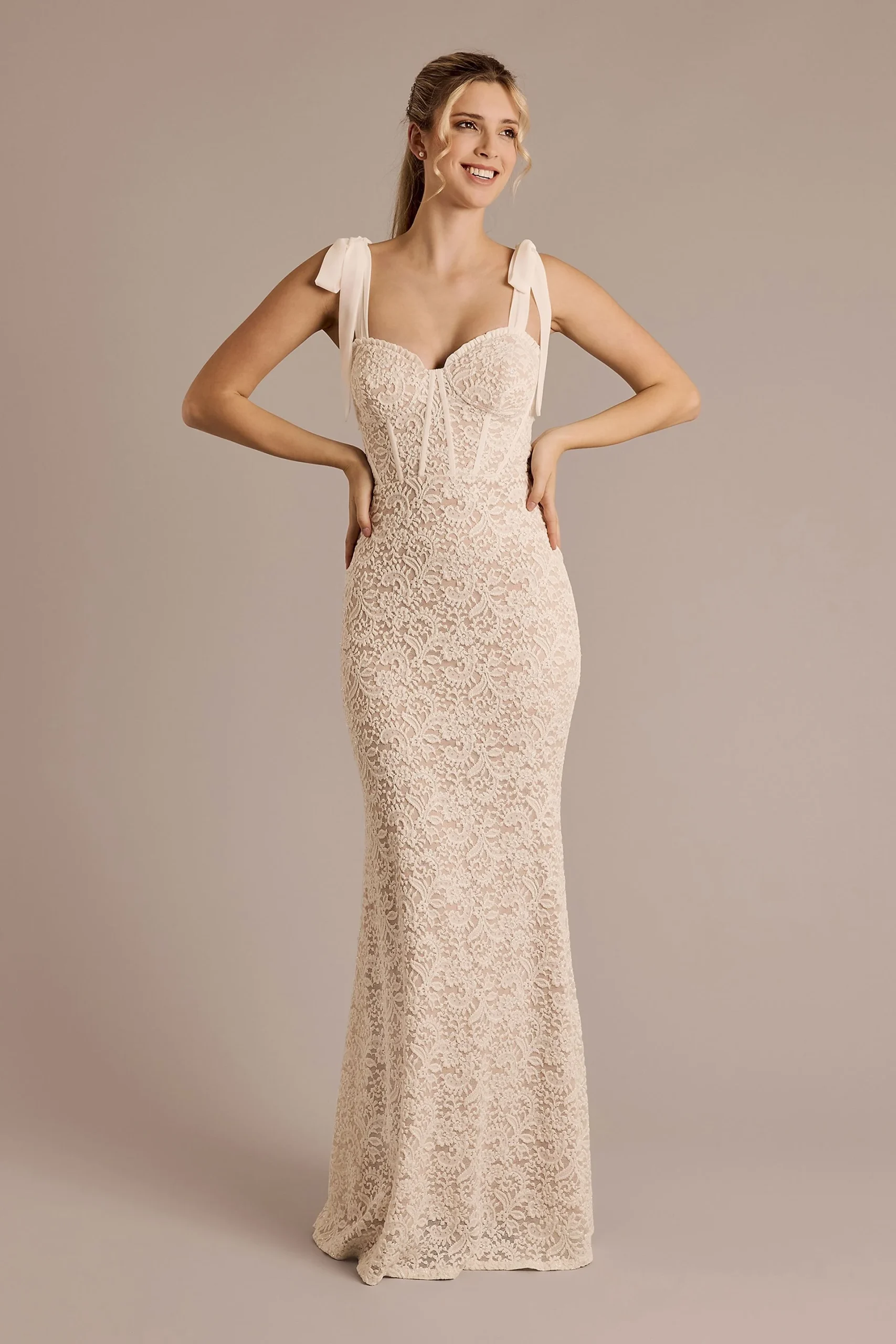 Lace Sheath Dress with Bow Straps