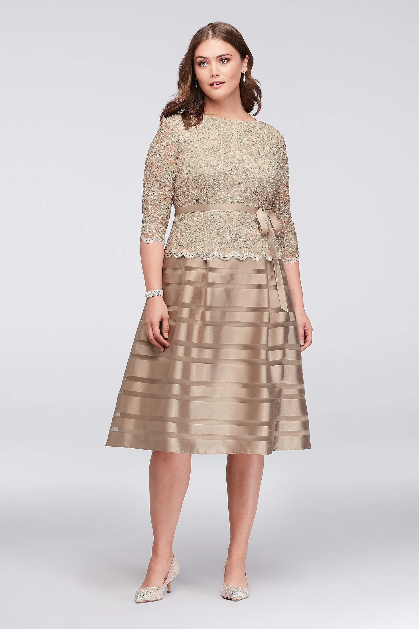 Lace and Striped Organza Plus Size Midi Dress