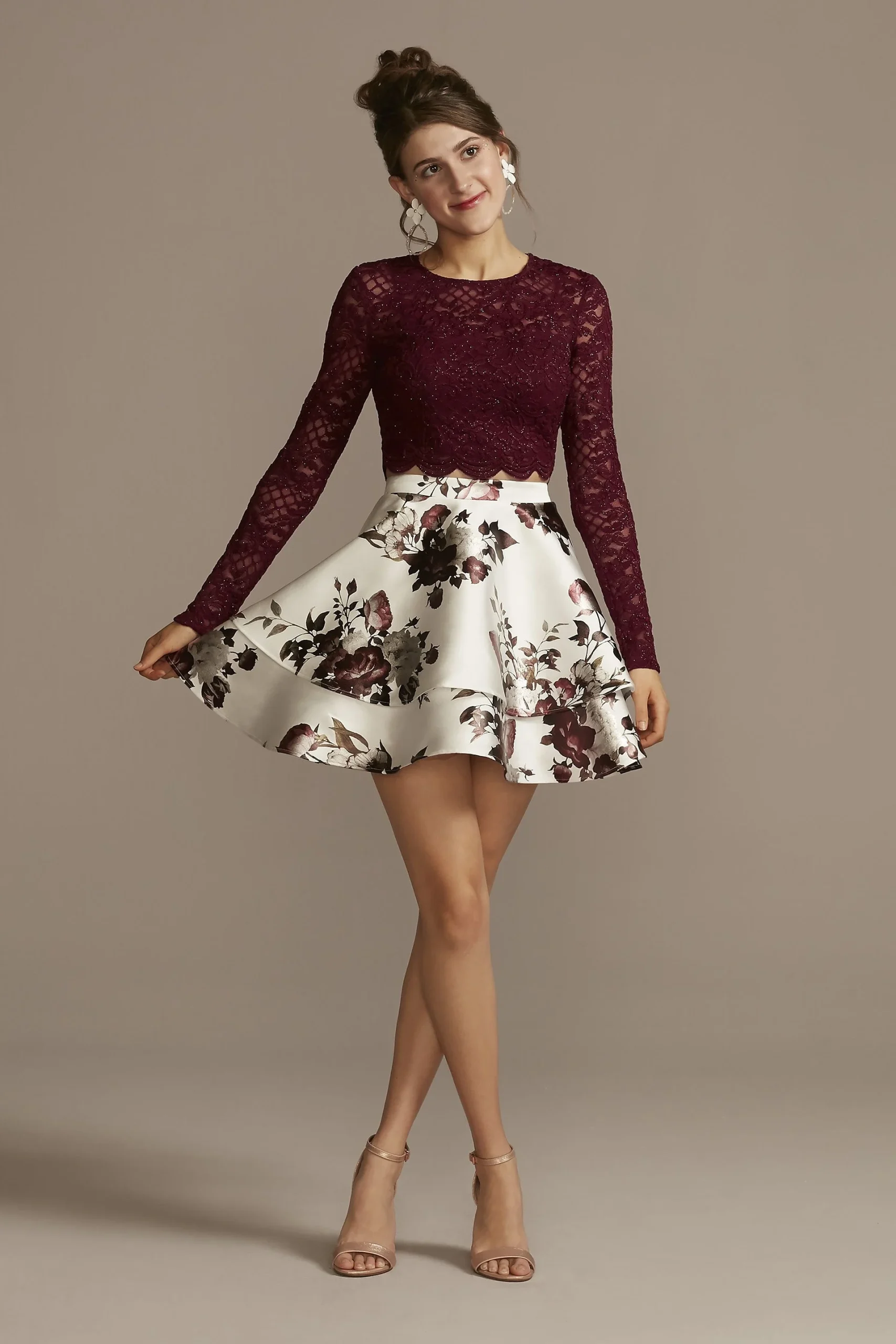 Lace Top and Floral Satin Skirt Two-Piece Set
