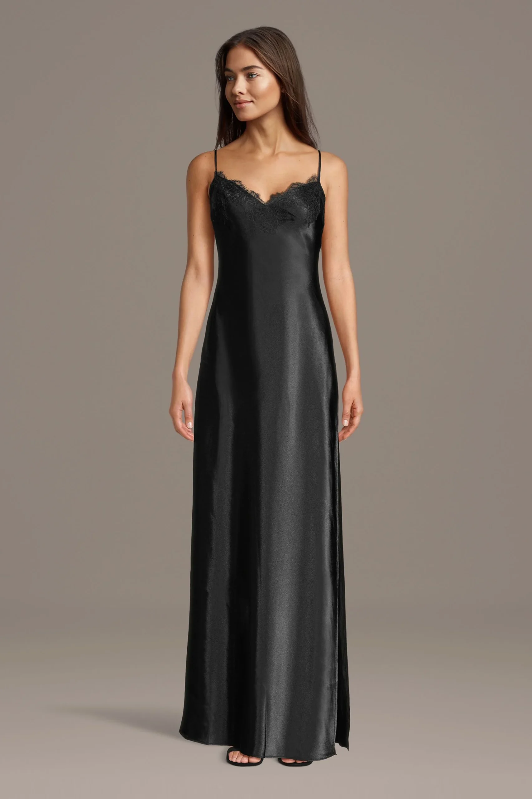 Lace Trim Charmeuse Spaghetti Strap Slip Dress