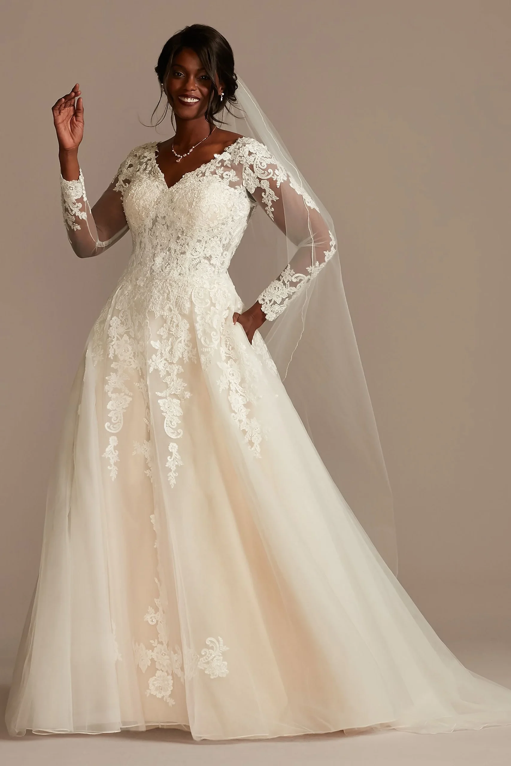 Lace and Tulle Long Sleeve Ball Gown Wedding Dress