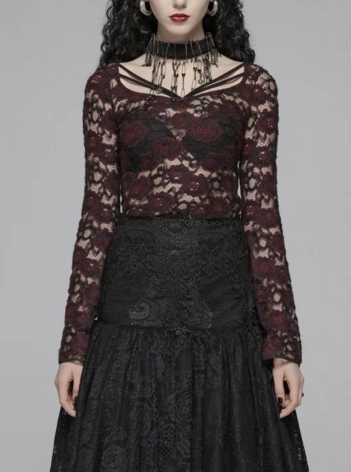 Lace-Up Collar Flare Sleeve Wine Red Gothic Lace Perspective T-Shirt
