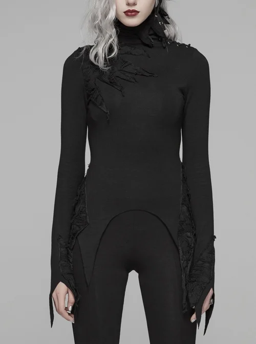 Lace-Up High Collar Splice Broken Holes Knit Long Sleeve Irregular Sharp Corner Hem Black Punk Tight T-Shirt