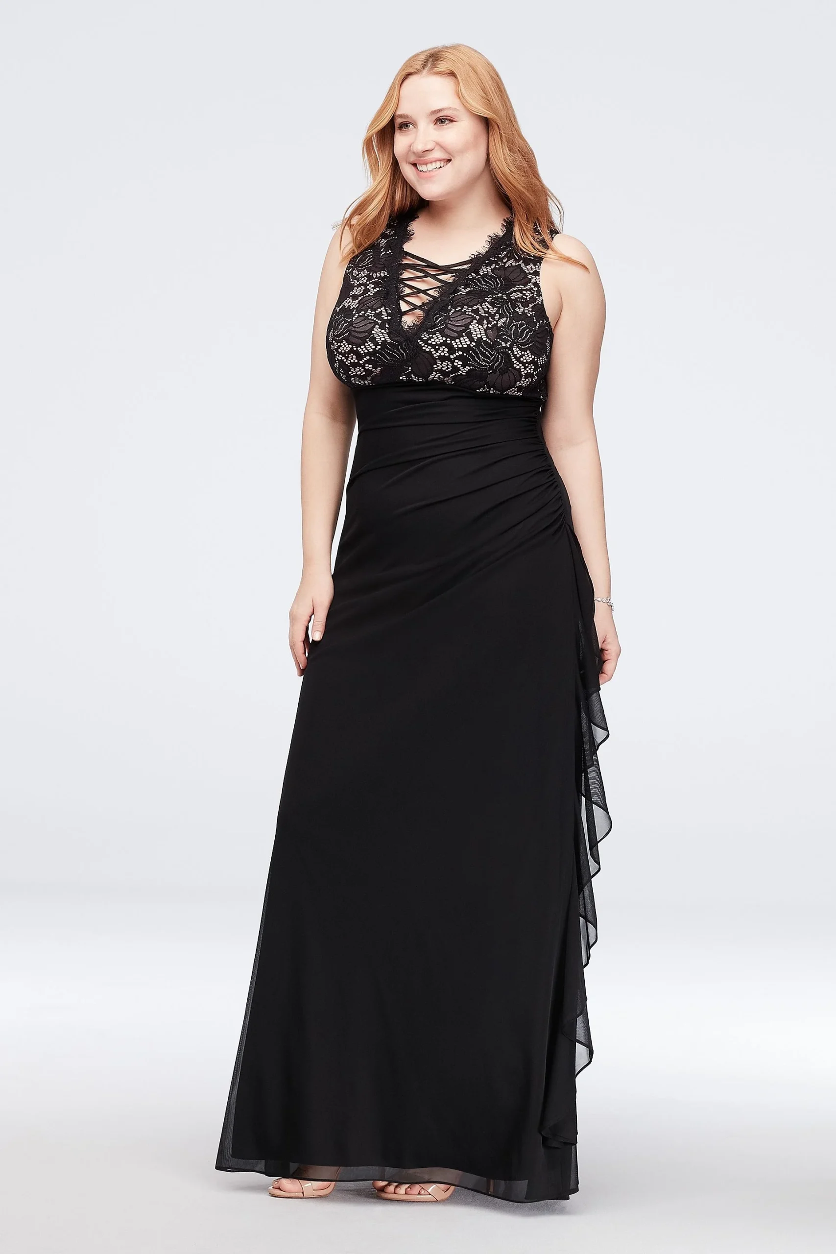 Lace-Up Neckline Gathered Chiffon Gown