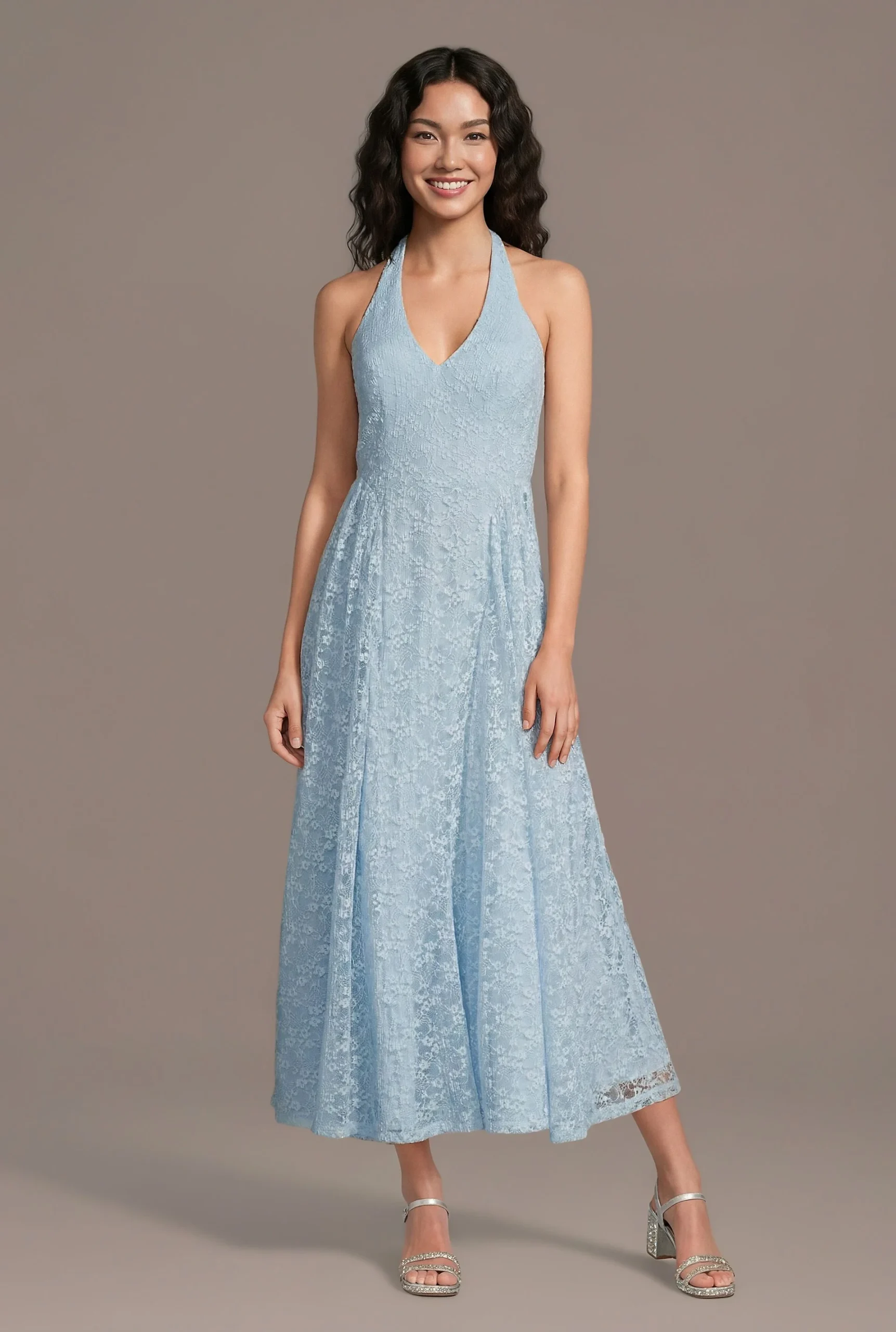 Lace V-Neck Halter A-Line Midi Dress