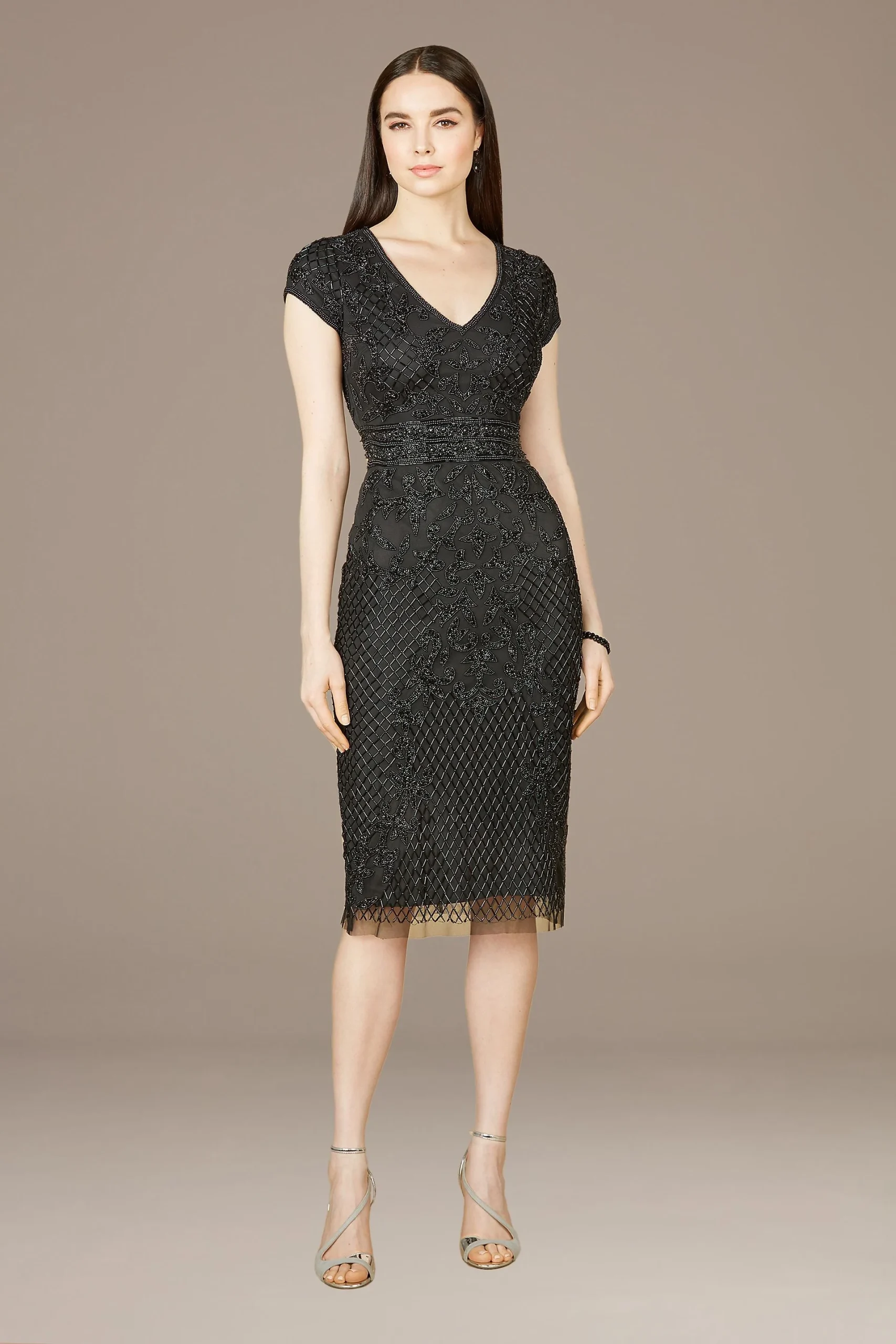 Lara Beaded Cap Sleeve Midi Dress