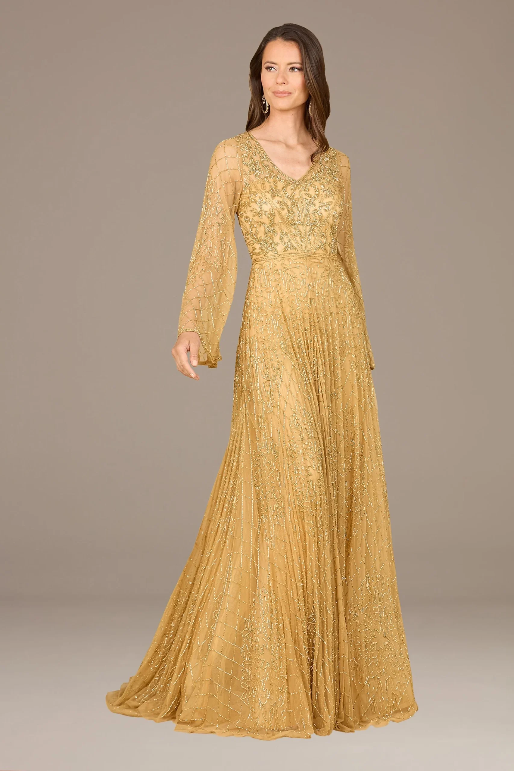 Lara Beaded Flutter Long Sleeve A-Line Dress