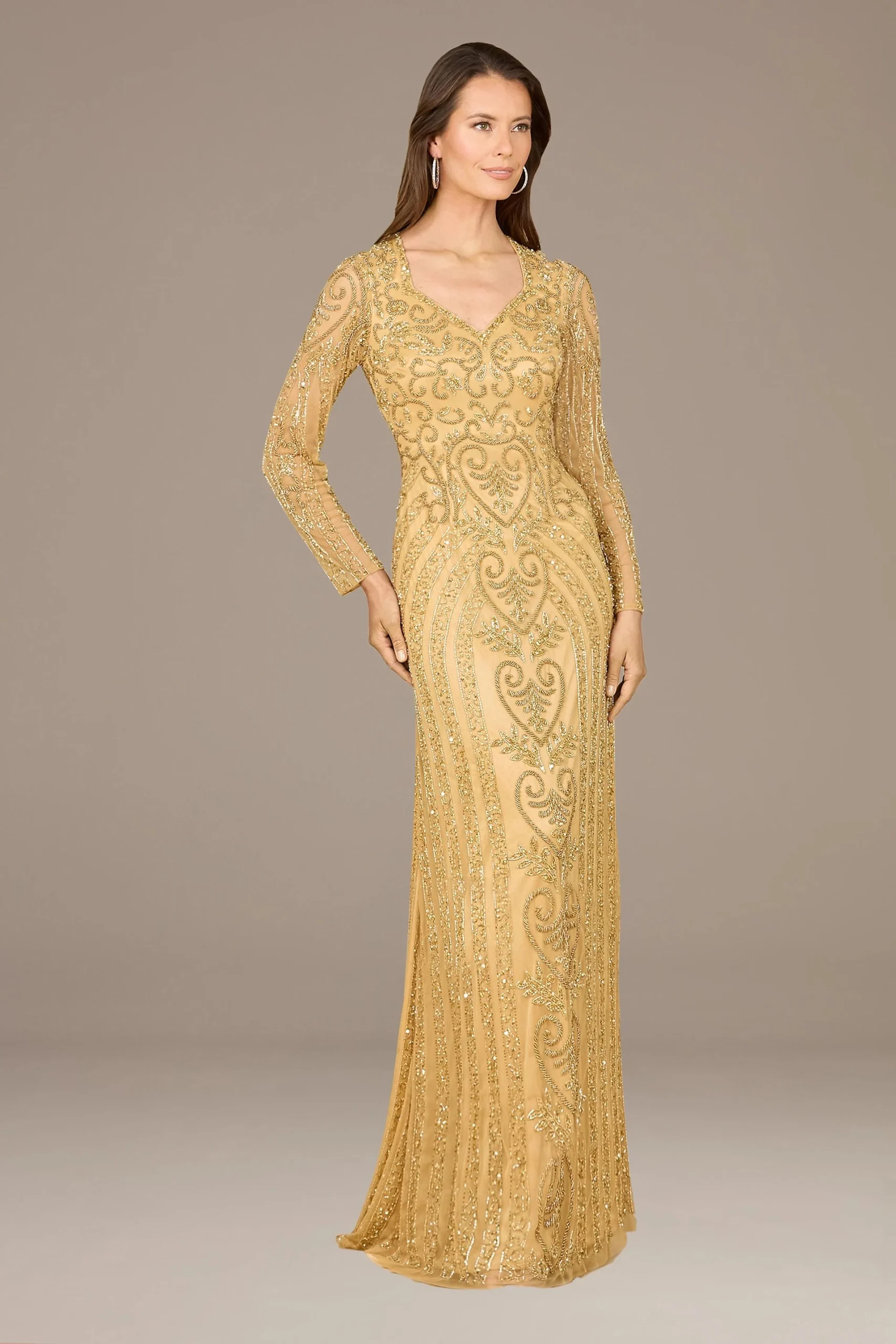 Lara Beaded Long Sleeve V-Neck Sheath Dress