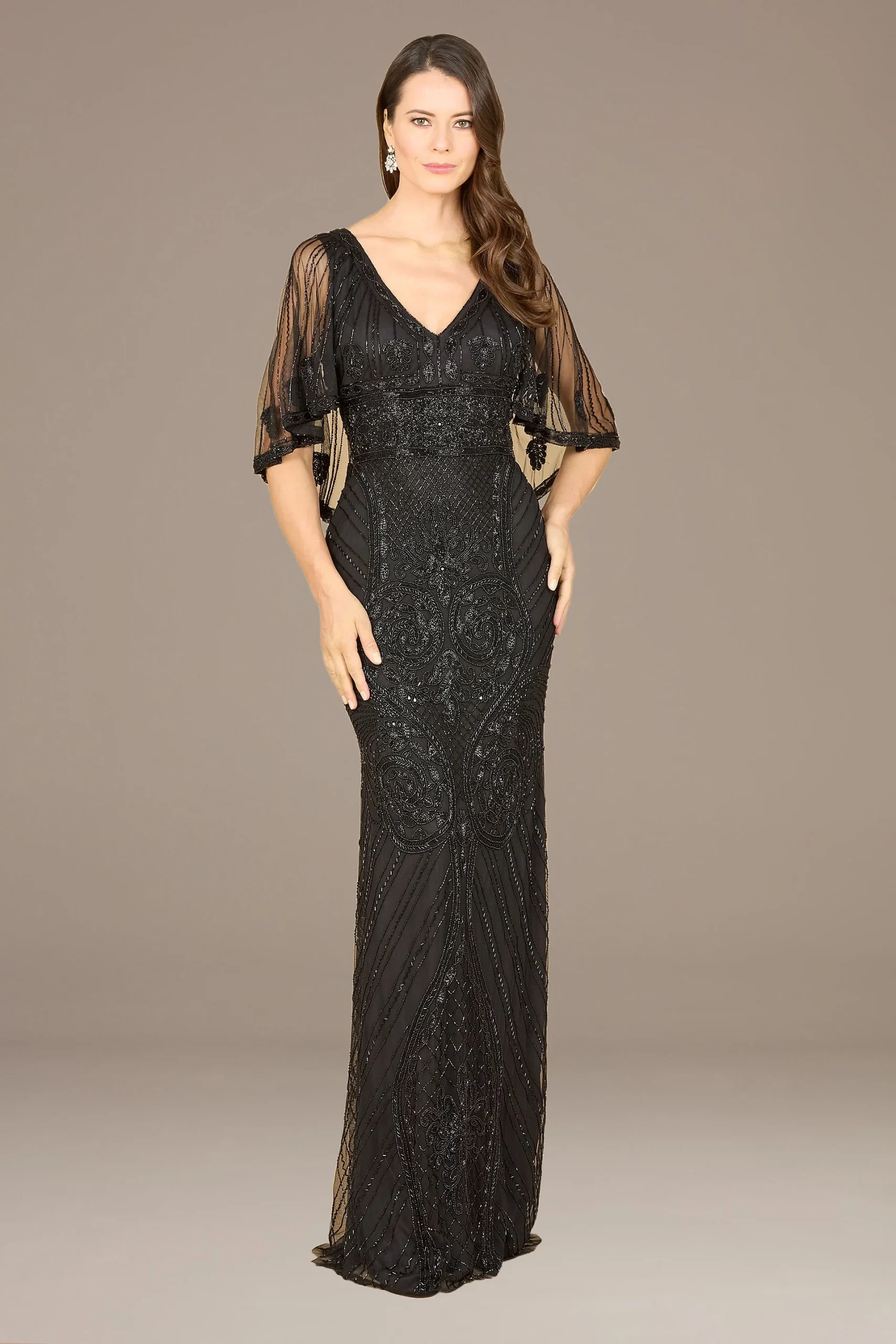 Lara Beaded Sheath Gown with Cape Sleeves