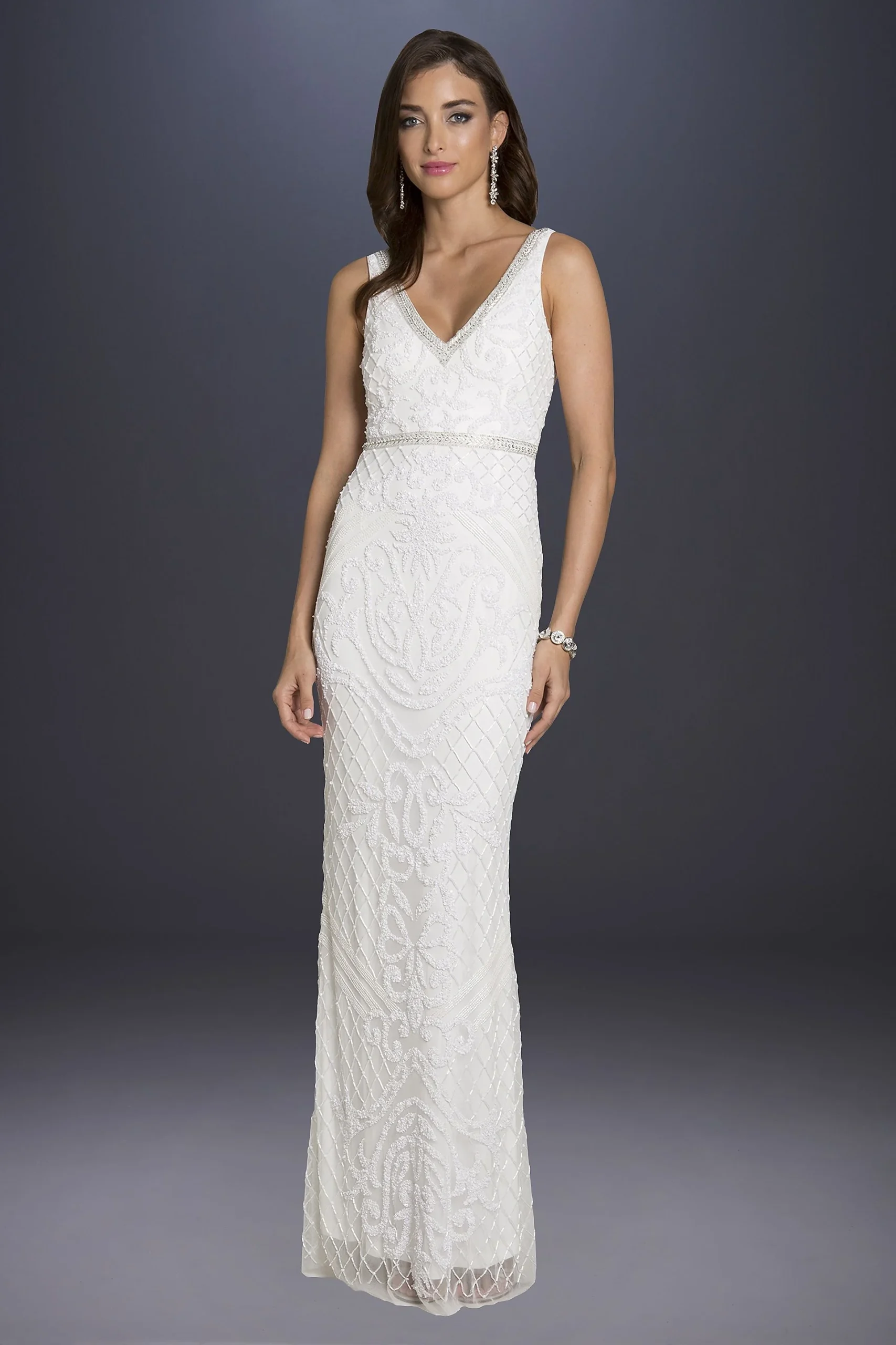 Lara Bella V-Neck Lattice-Beaded Tulle Tank Gown