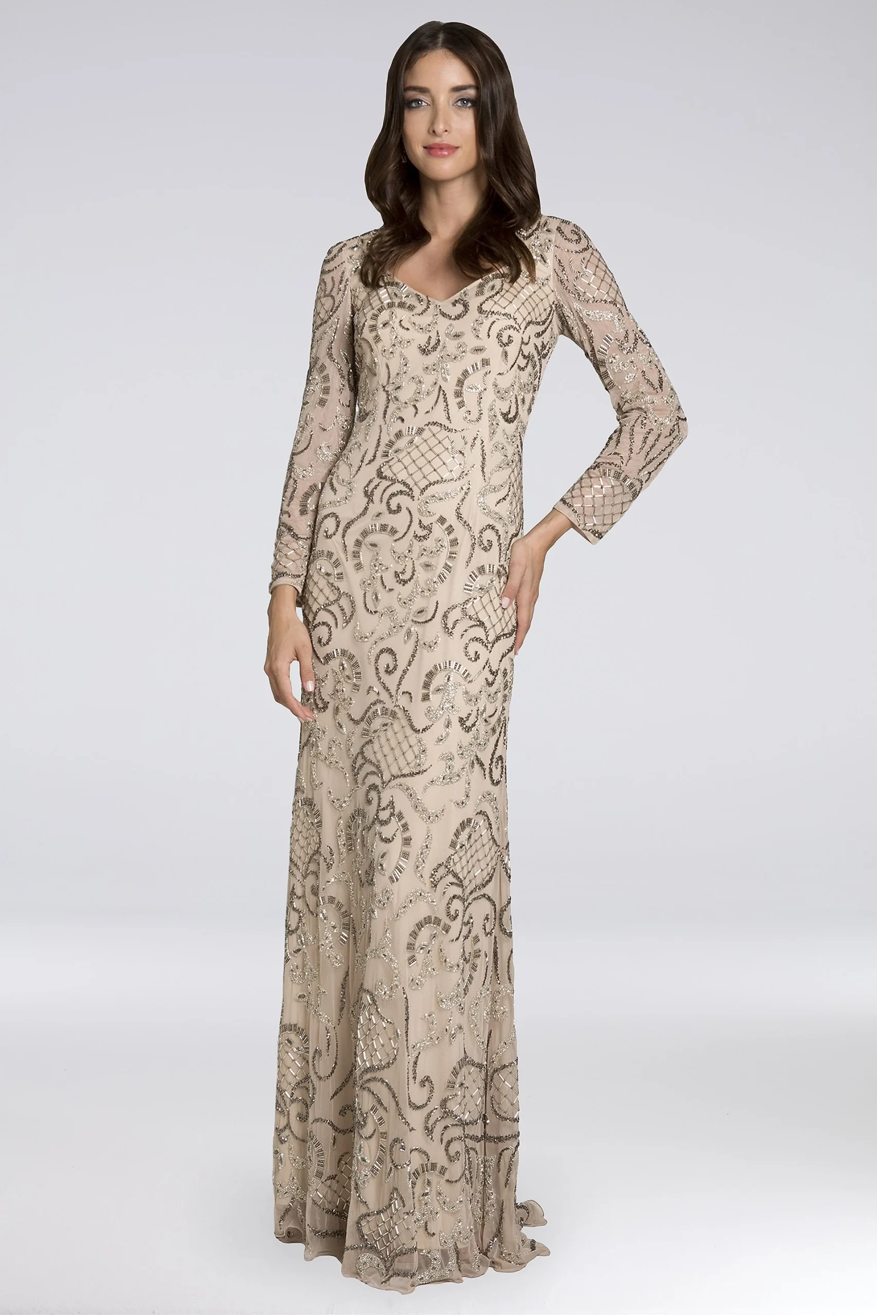 Lara Brenna Beaded Long-Sleeve Mesh Gown