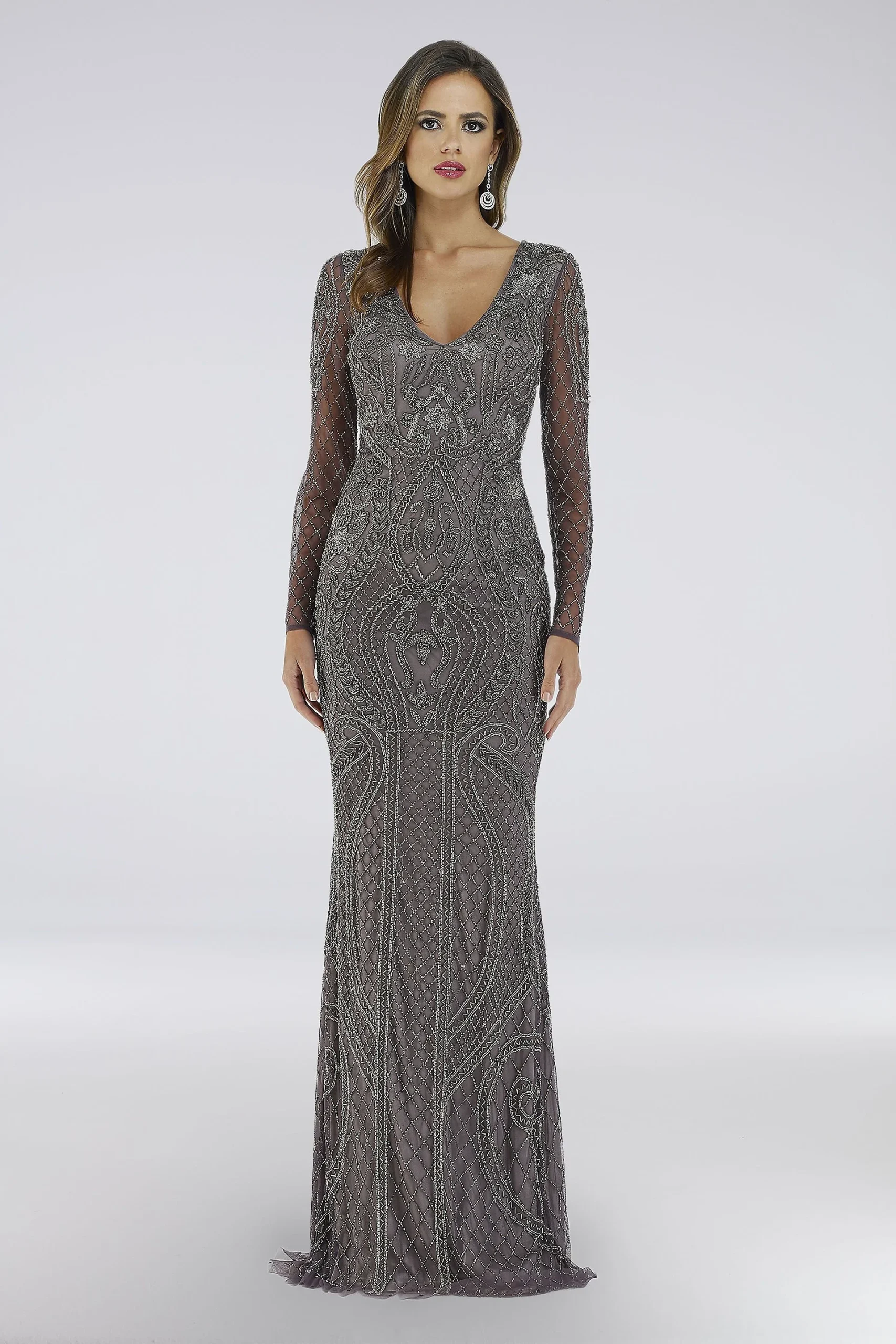 Lara Camden Beaded Long-Sleeve Gown