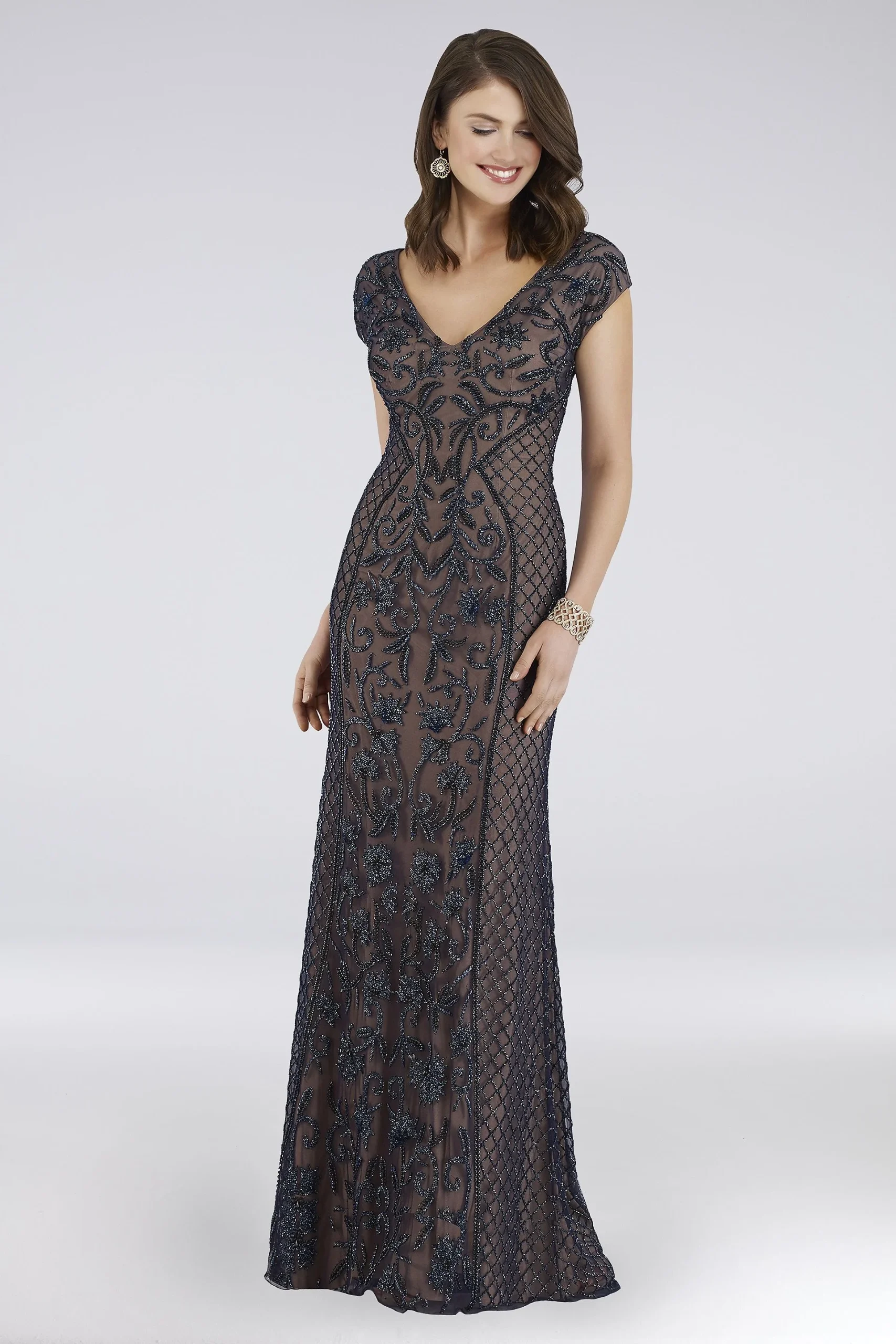 Lara Cap Sleeve Beaded Sheath with Sweep Train